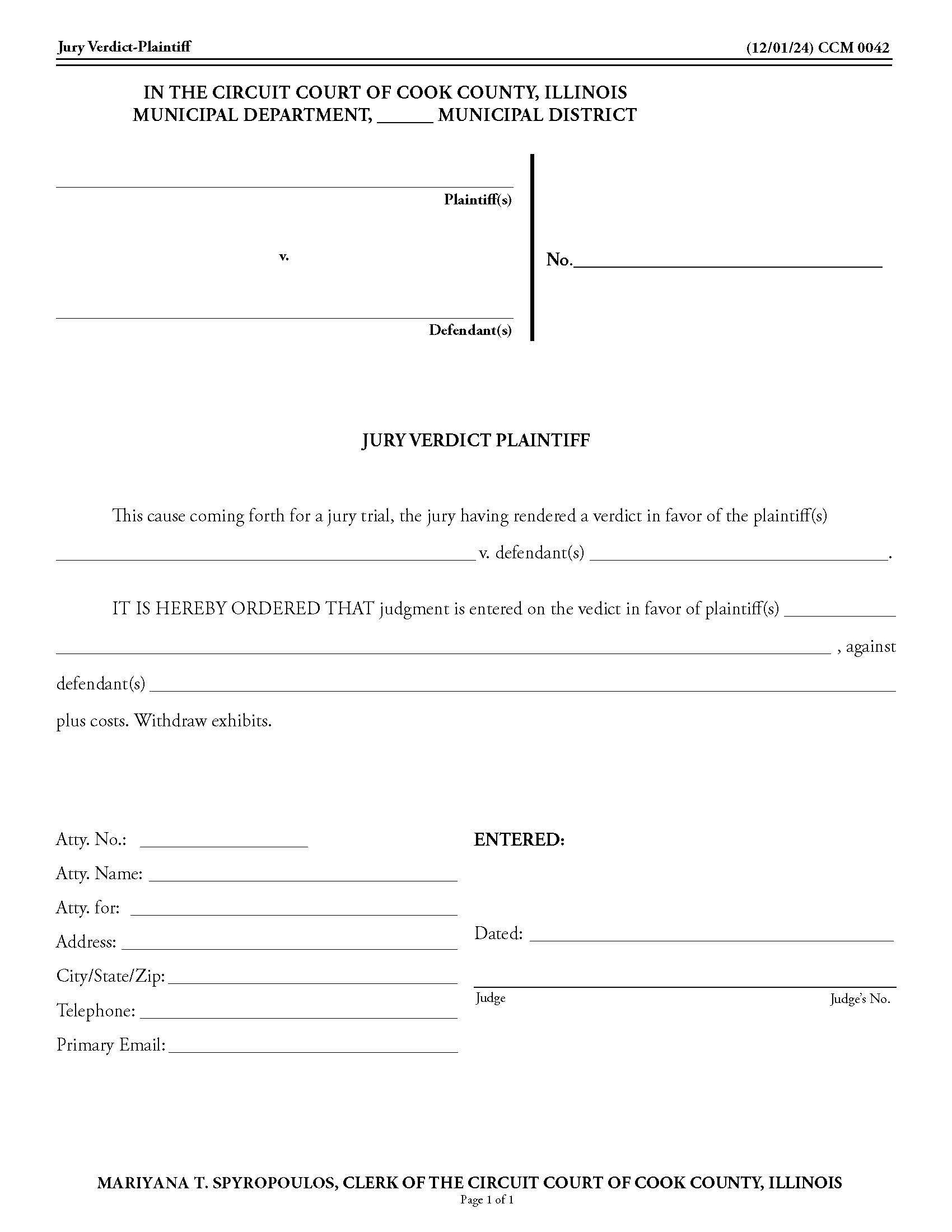 Jury Verdict Plaintiff {CCM 0042} | Pdf Fpdf Doc Docx | Illinois