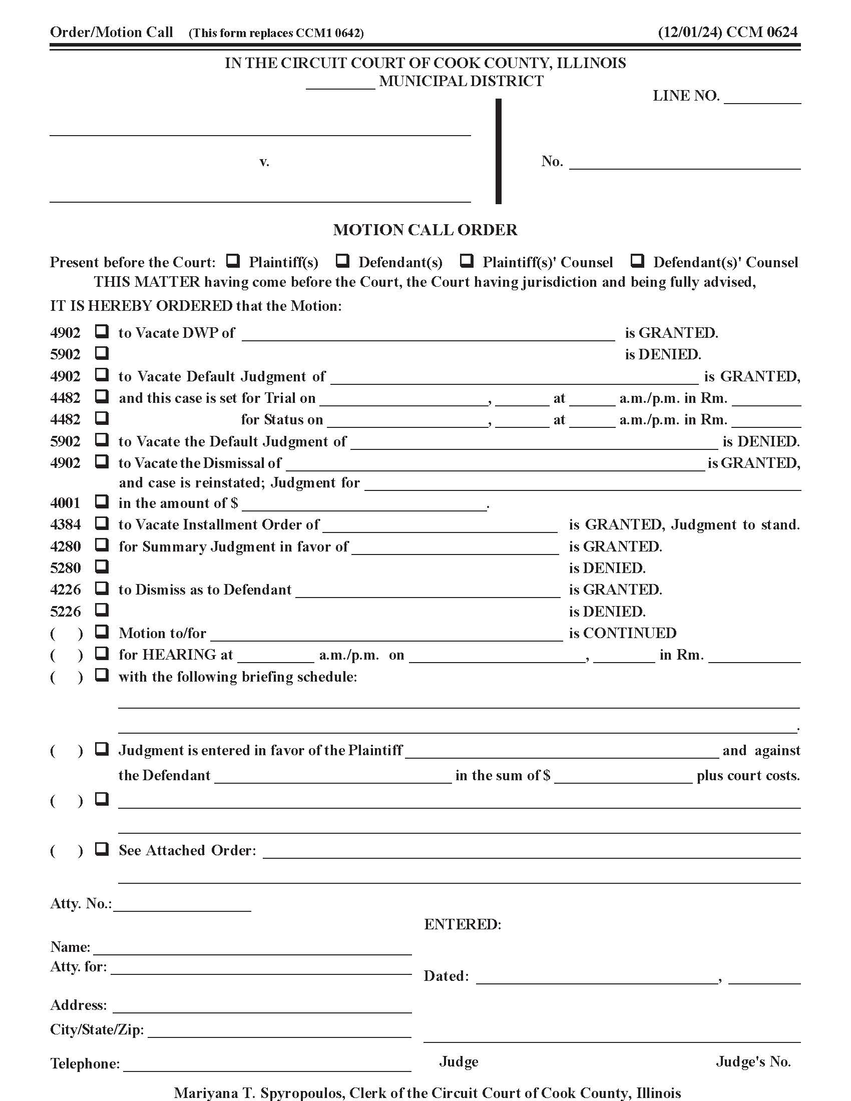 Motion Call Order {CCM 0624} | Pdf Fpdf Docx | Illinois
