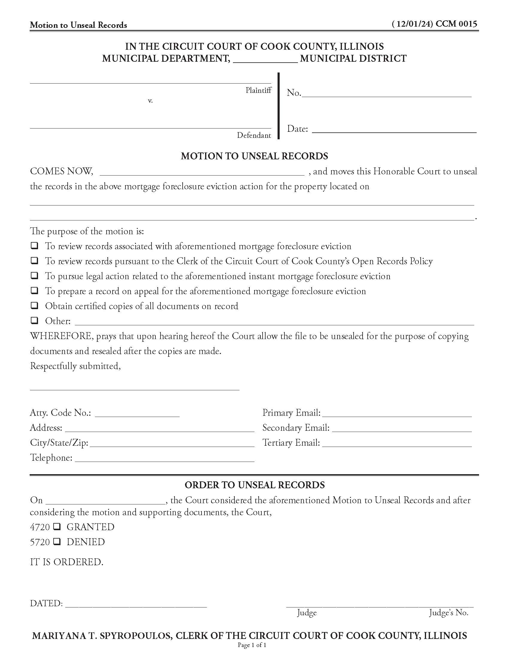 Motion To Unseal Records {CCM 0015} | Pdf Fpdf Docx | Illinois