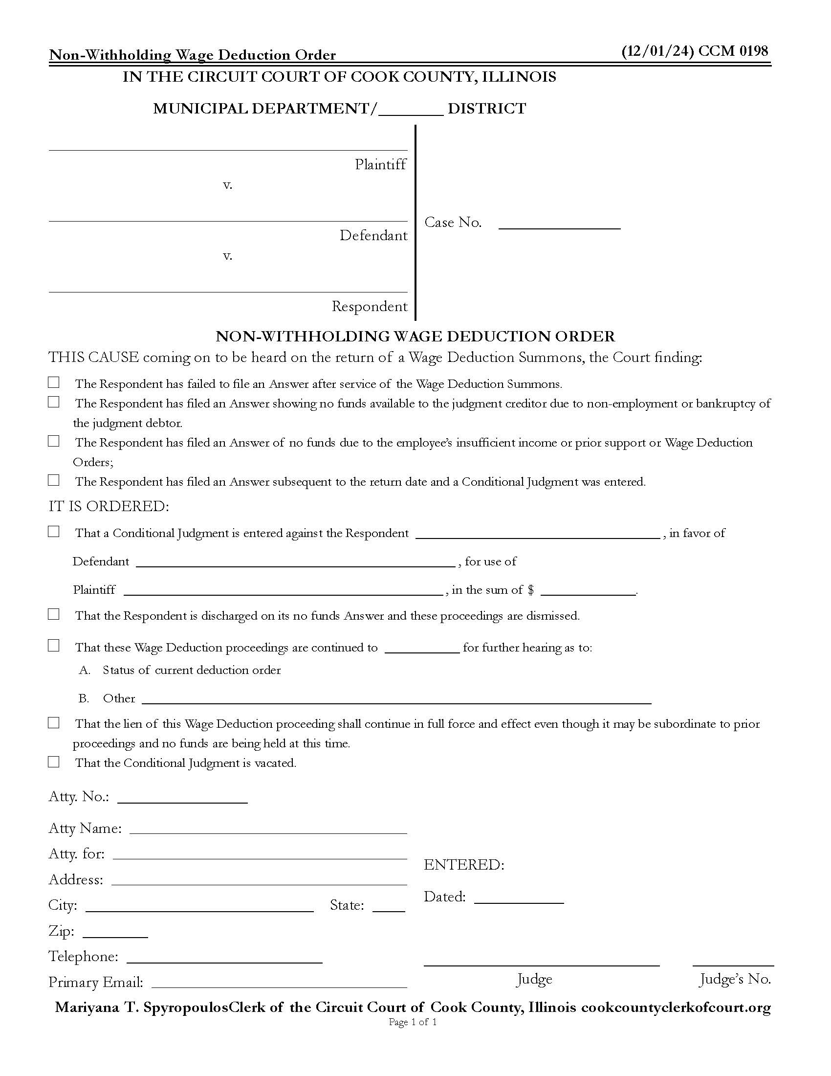 Non-Withholding Wage Deduction Order {CCM 0198} | Pdf Fpdf Docx | Illinois