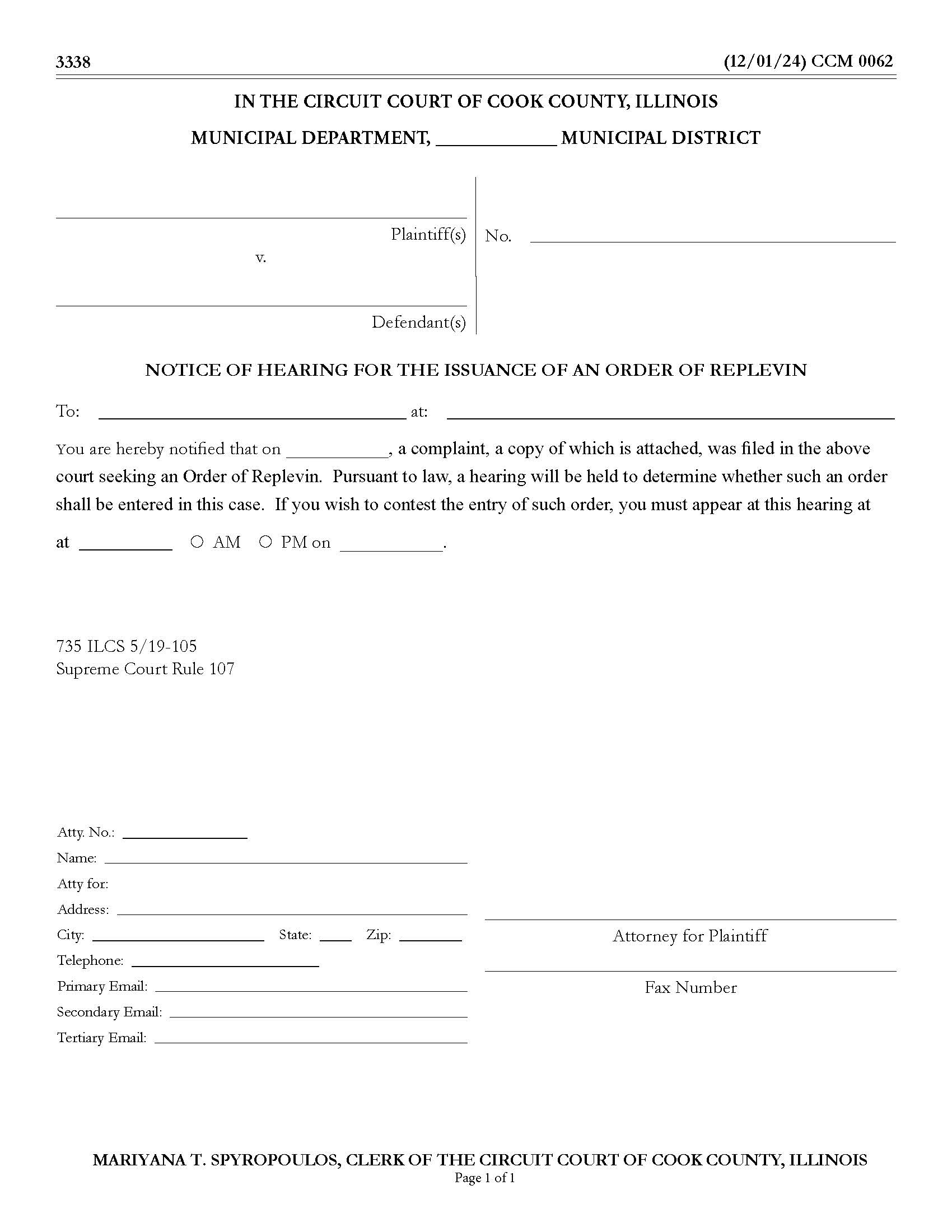 Notice Of Hearing For The Issuance Of An Order Of Replevin {CCM 0062} | Pdf Fpdf Doc Docx | Illinois
