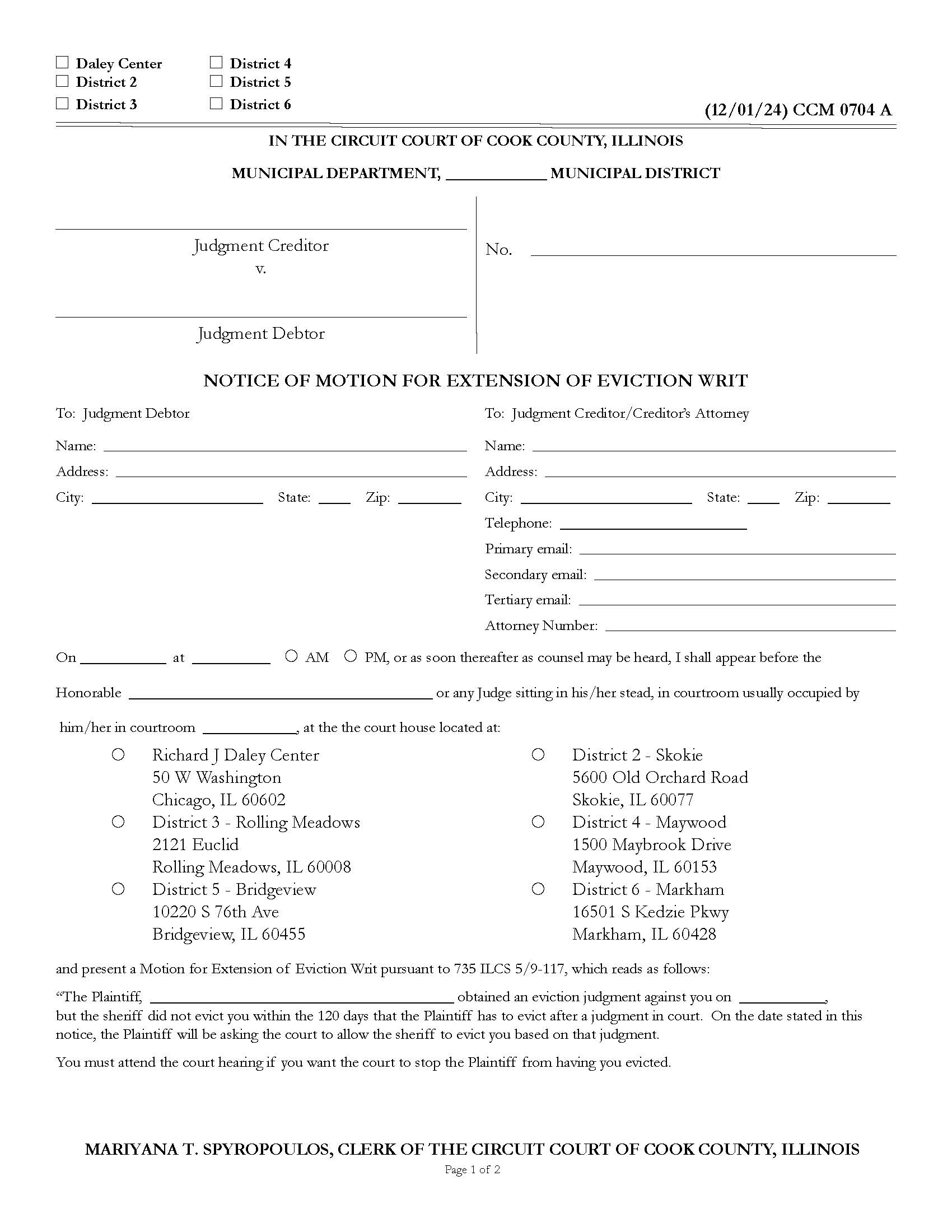 Notice Of Motion For Extension Of Eviction Writ {CCM 0704} | Pdf Fpdf Doc Docx | Illinois