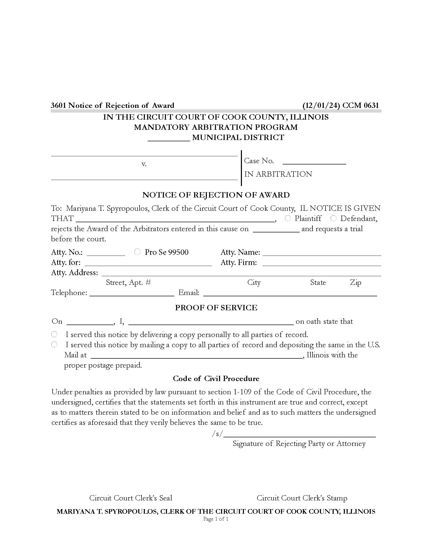 Notice Of Rejection Of Award {CCM 0631} | Pdf Fpdf Doc Docx | Illinois