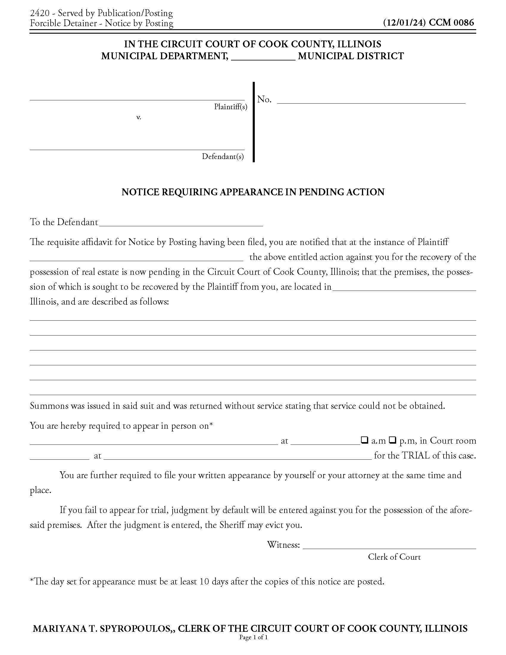 Notice Requiring Appearance In Pending Action {CCM 0086} | Pdf Fpdf Doc Docx | Illinois