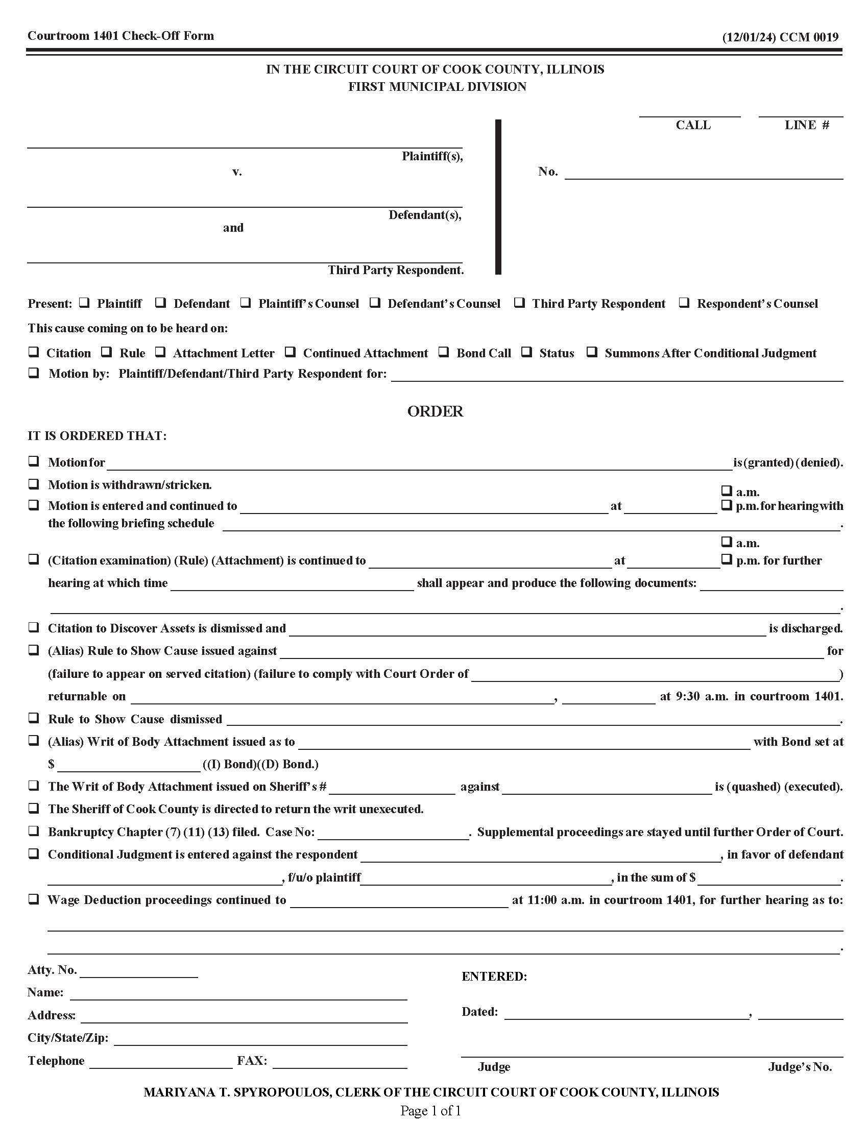 Order (Courtroom 1401 Check-Off Form) {CCM 0019} | Pdf Fpdf Doc Docx | Illinois