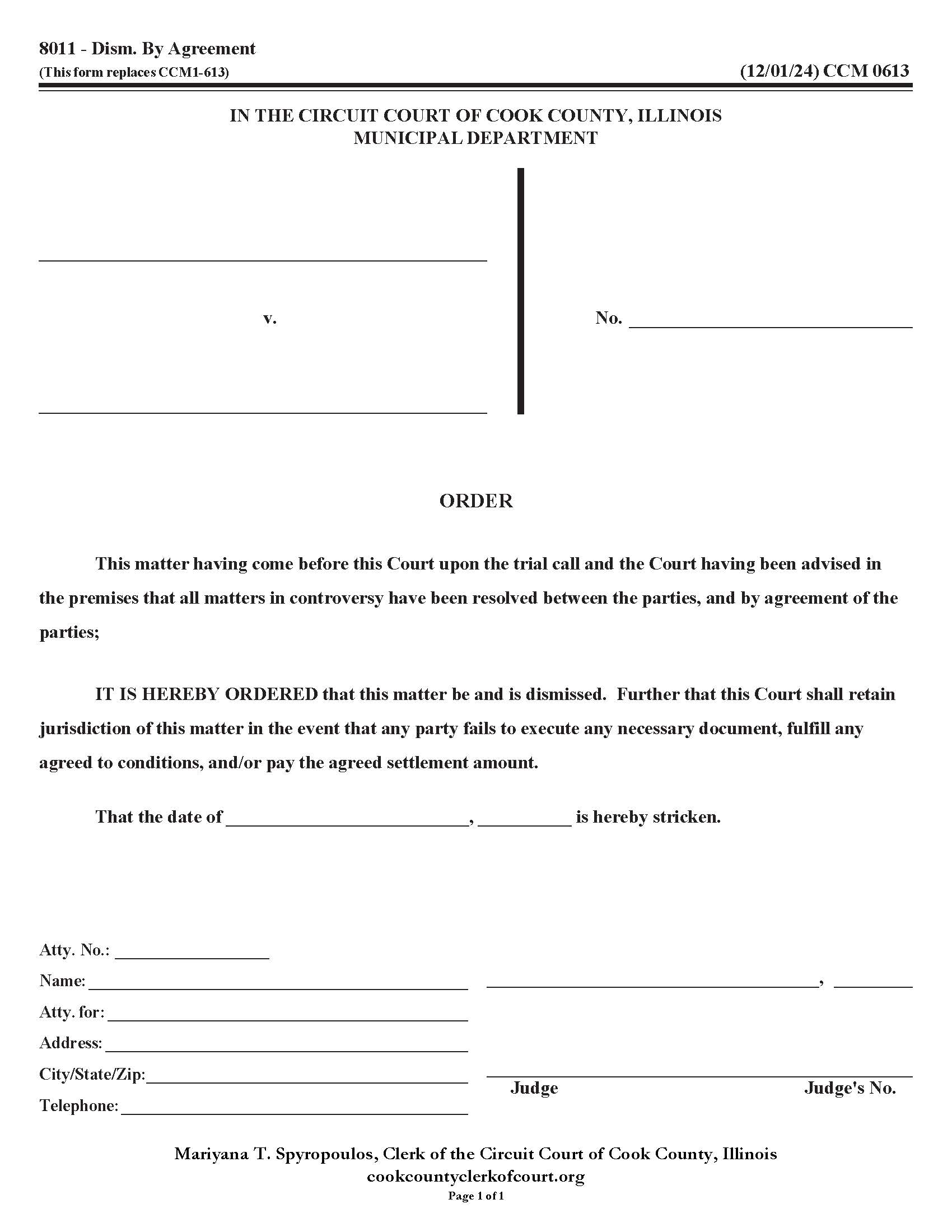 Order (Dismissal By Agreement) {CCM 0613} | Pdf Fpdf Docx | Illinois