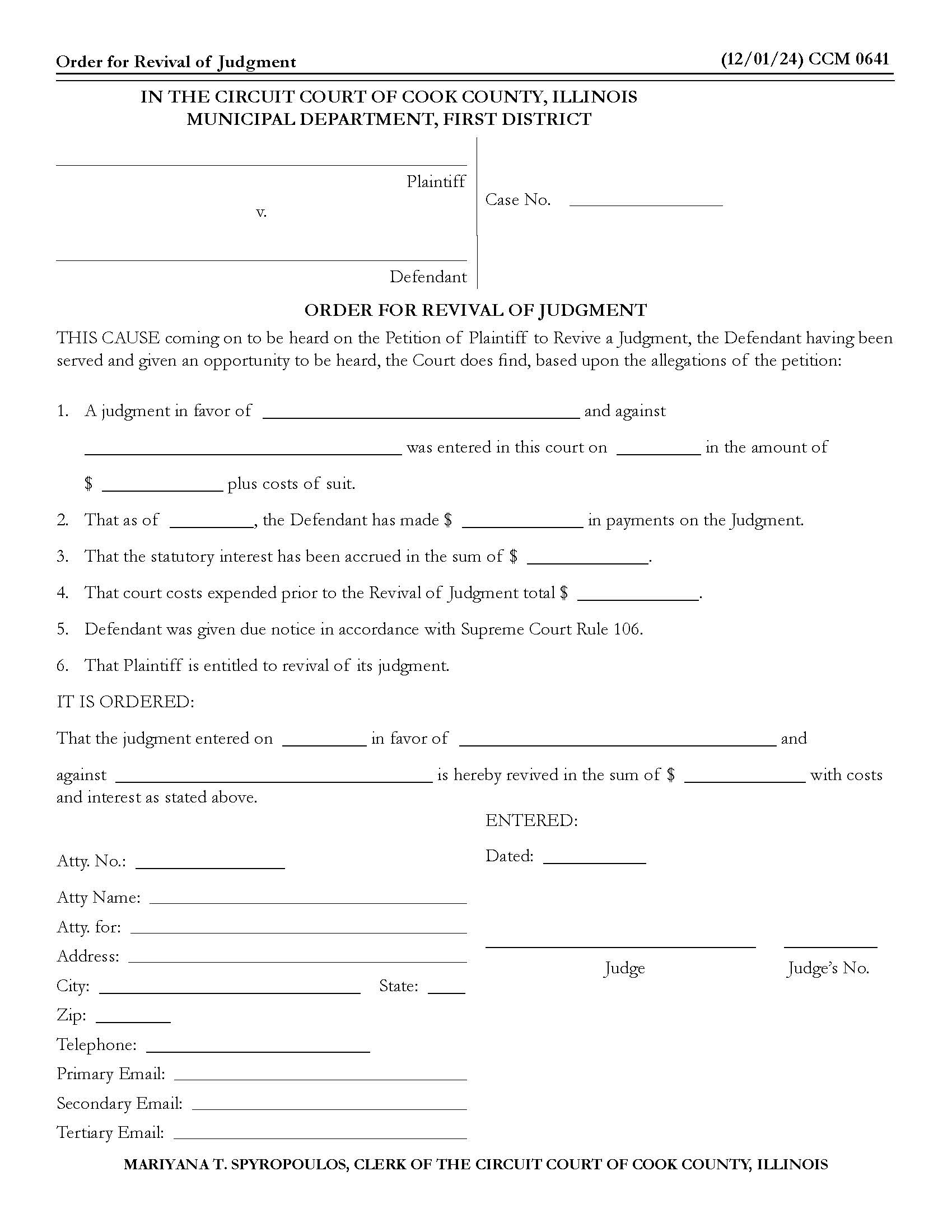Order For Revival Of Judgment {CCM 0641} | Pdf Fpdf Docx | Illinois