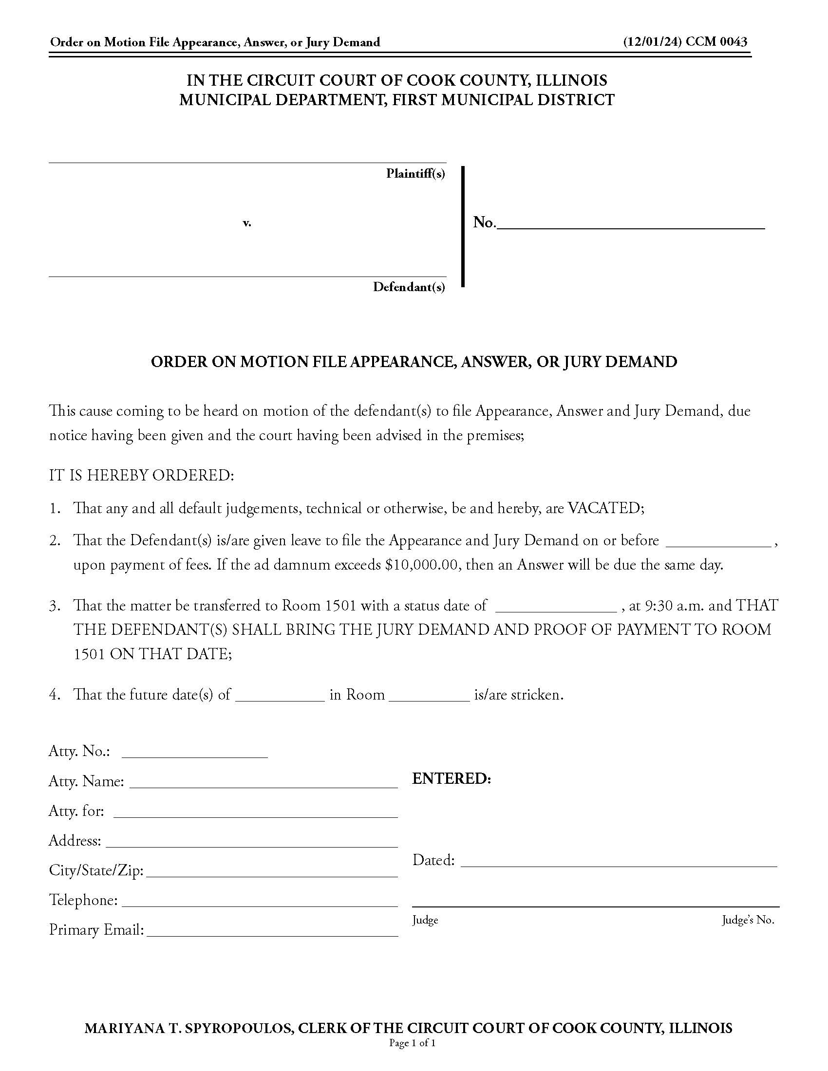 Order On Motion File Appearance Answer Or Jury Demand {CCM 0043} | Pdf Fpdf Doc Docx | Illinois