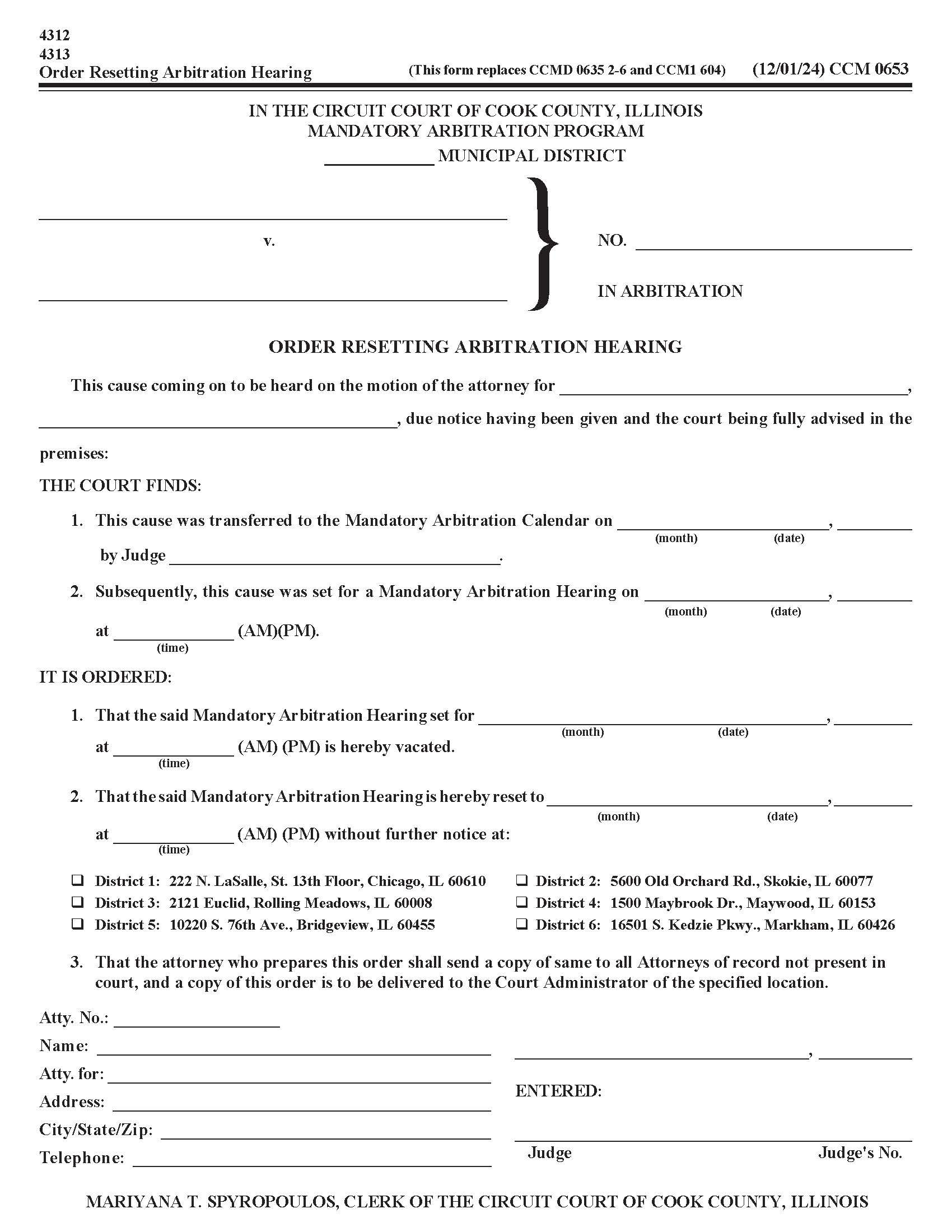 Order Resetting Mandatory Arbitration Hearing {CCM 0653} | Pdf Fpdf Docx | Illinois
