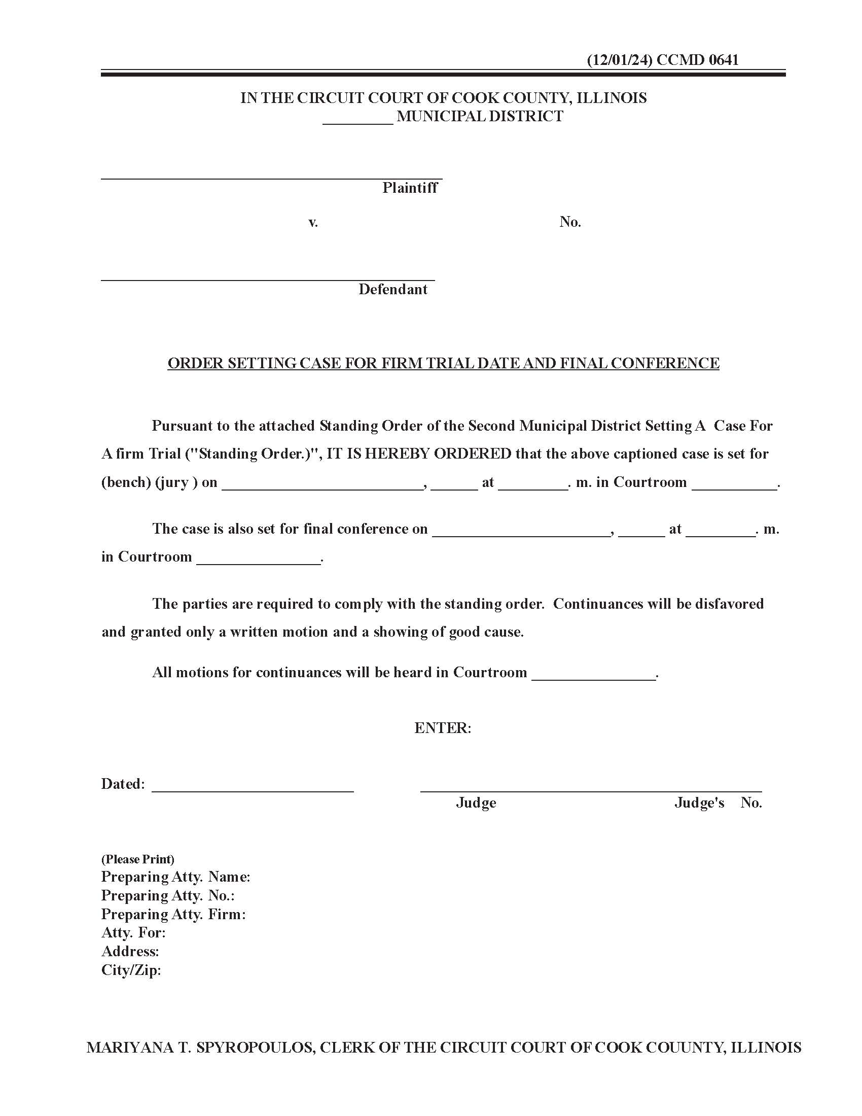 Order Setting Case For Firm Trial Date And Final Conference {CCMD 0641} | Pdf Fpdf Docx | Illinois