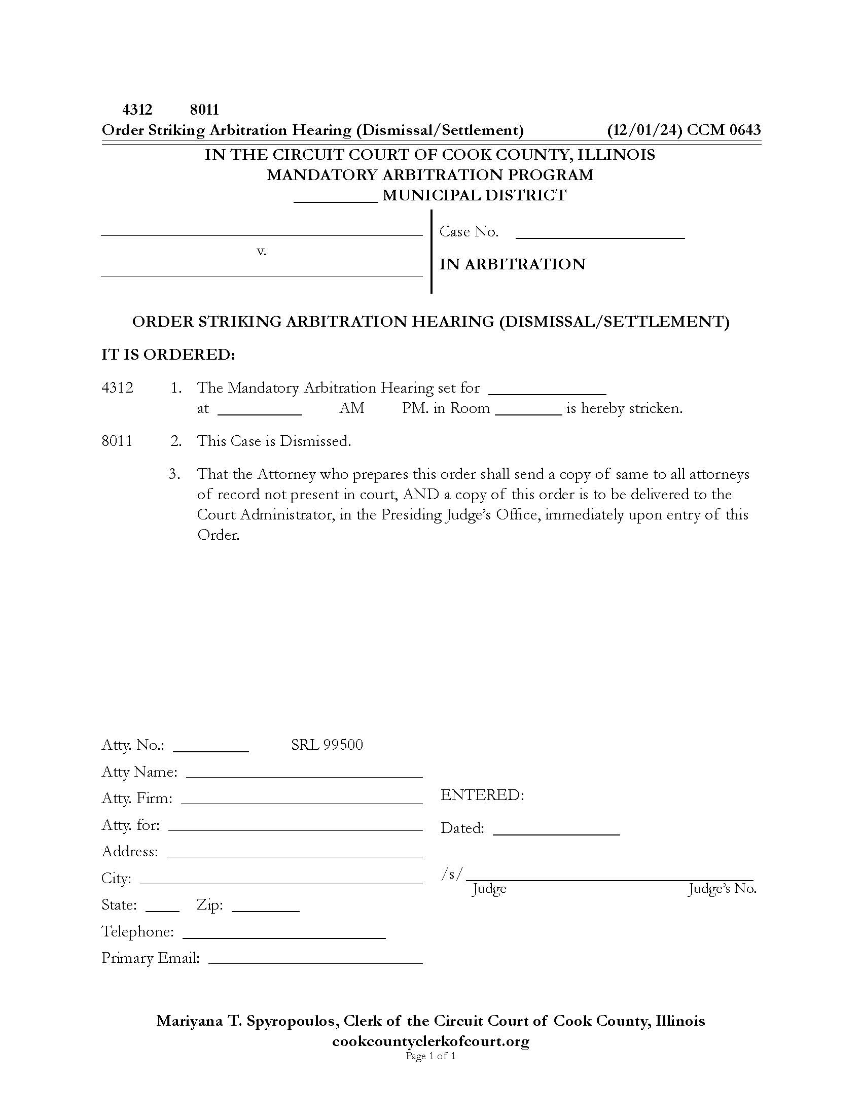 Order Striking Arbitration Hearing Dismissal Settlement {CCM 0643} | Pdf Fpdf Docx | Illinois