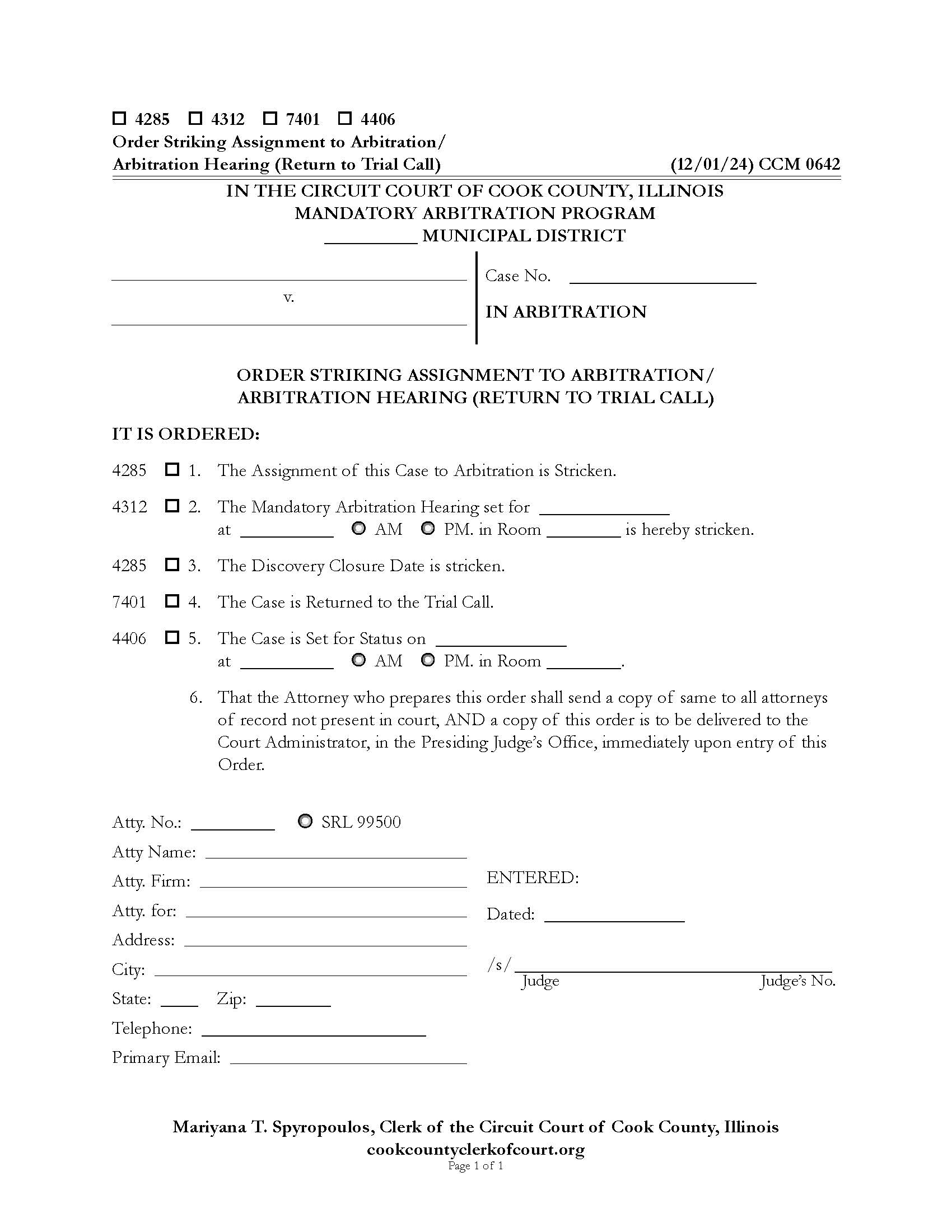 Order Striking Assignment To Arbitration Arbitration Hearing Return To Trial Call {CCM 0642} | Pdf Fpdf Docx | Illinois