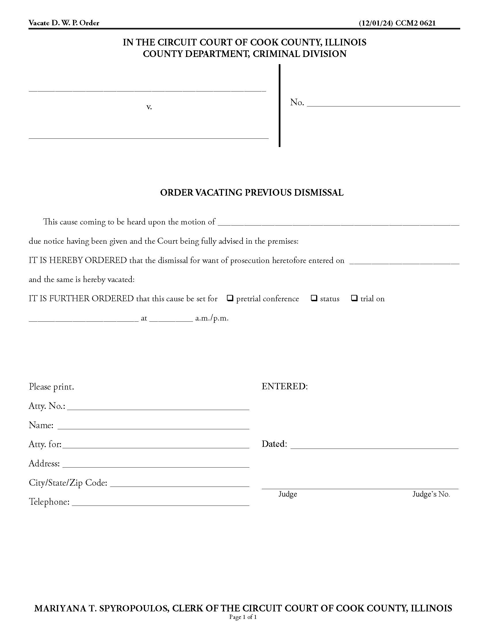 Order Vacating Previous Dismissal {CCM2 0621} | Pdf Fpdf Docx | Illinois