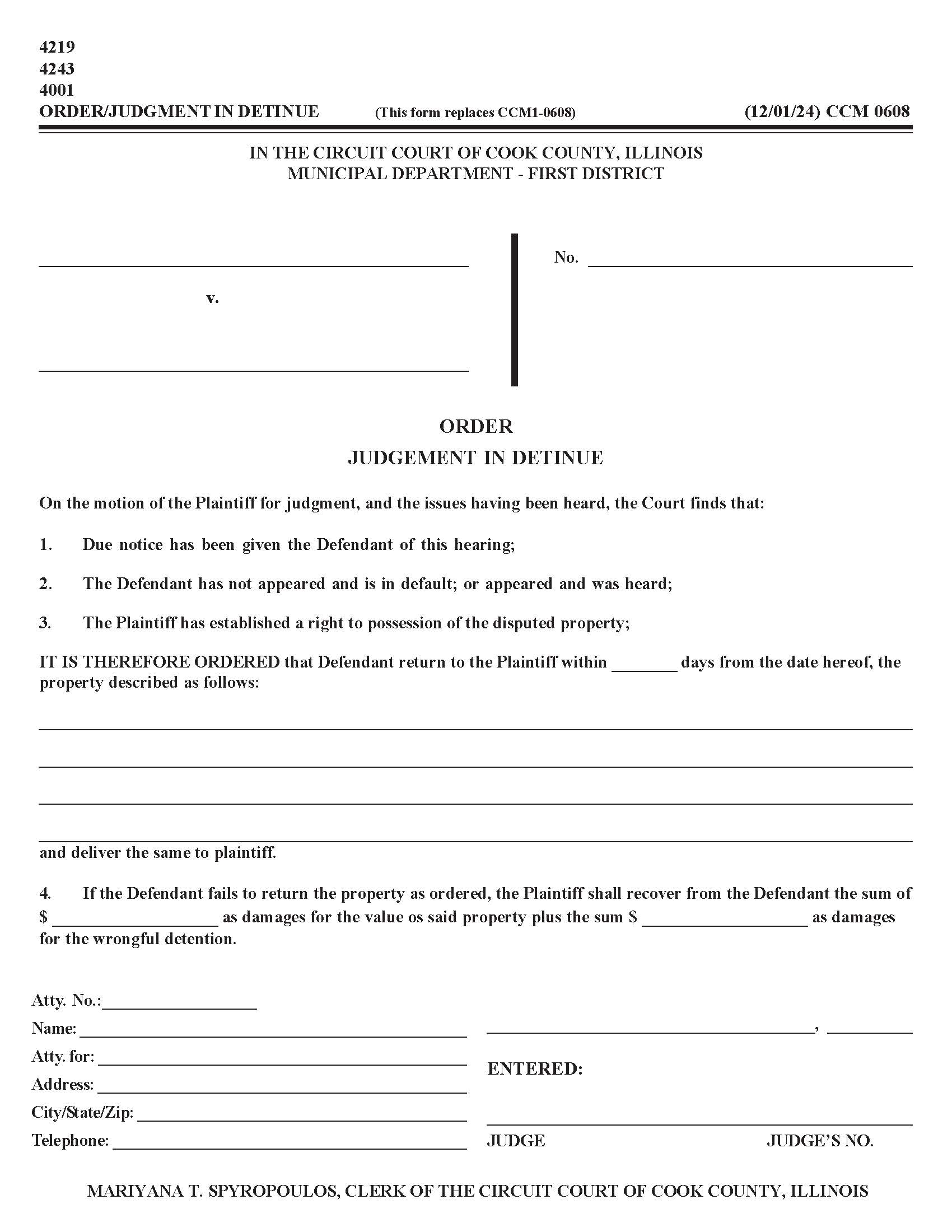 Order-Judgment In Detinue {CCM 0608} | Pdf Fpdf Docx | Illinois