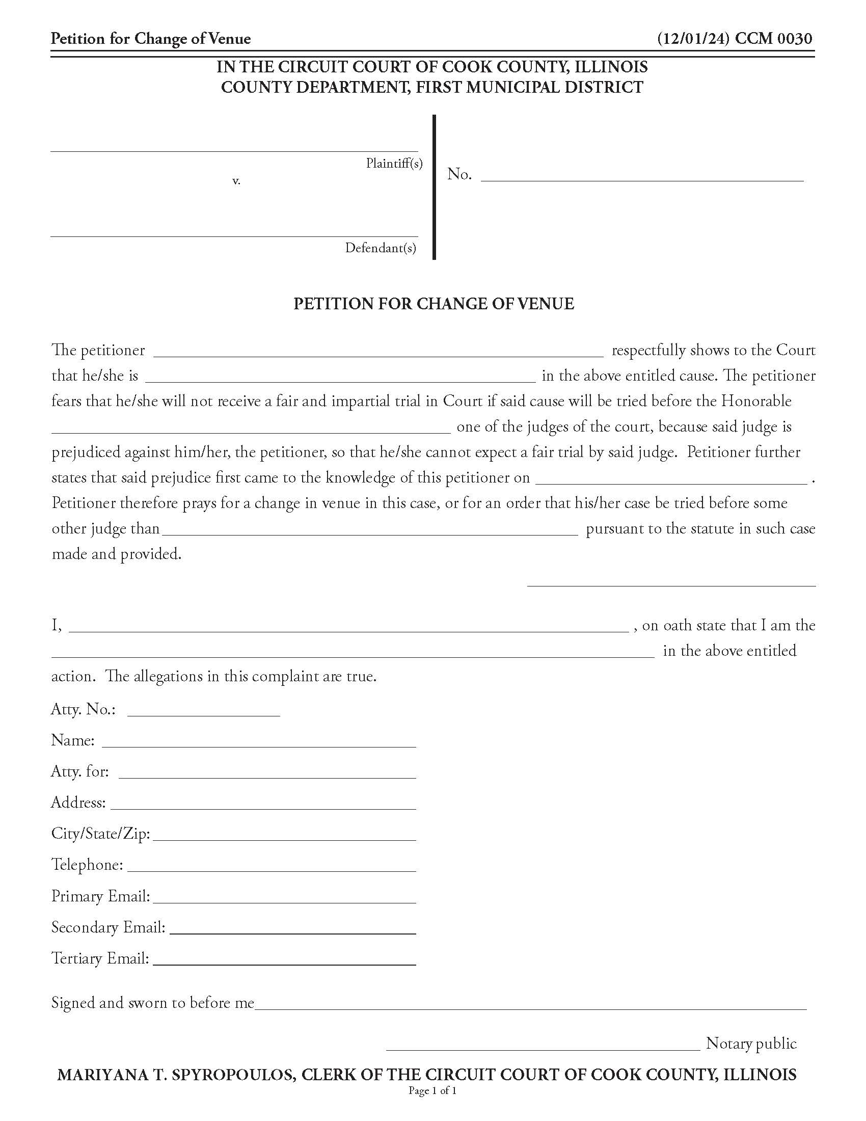 Petition For Change Of Venue {CCM 0030} | Pdf Fpdf Doc Docx | Illinois