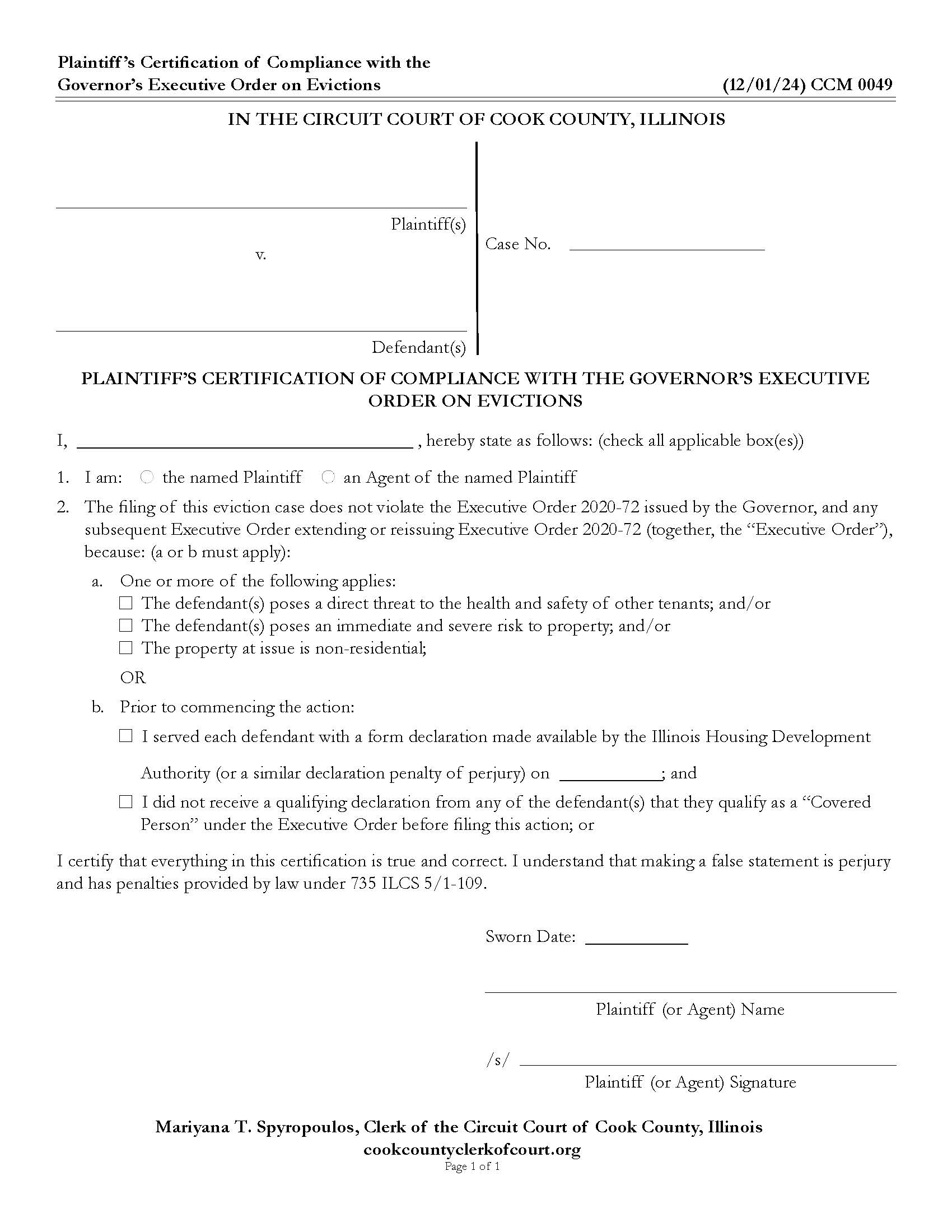 Plaintiffs Certification Of Compliance IL Supreme Court Order Residential Eviction {CCM 0049} | Pdf Fpdf Docx | Illinois