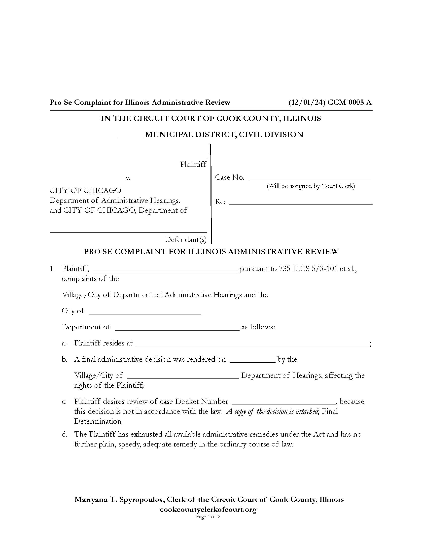 Pro Se Complaint For Illinois Administrative Review {CCM 0005} | Pdf Fpdf Docx | Illinois