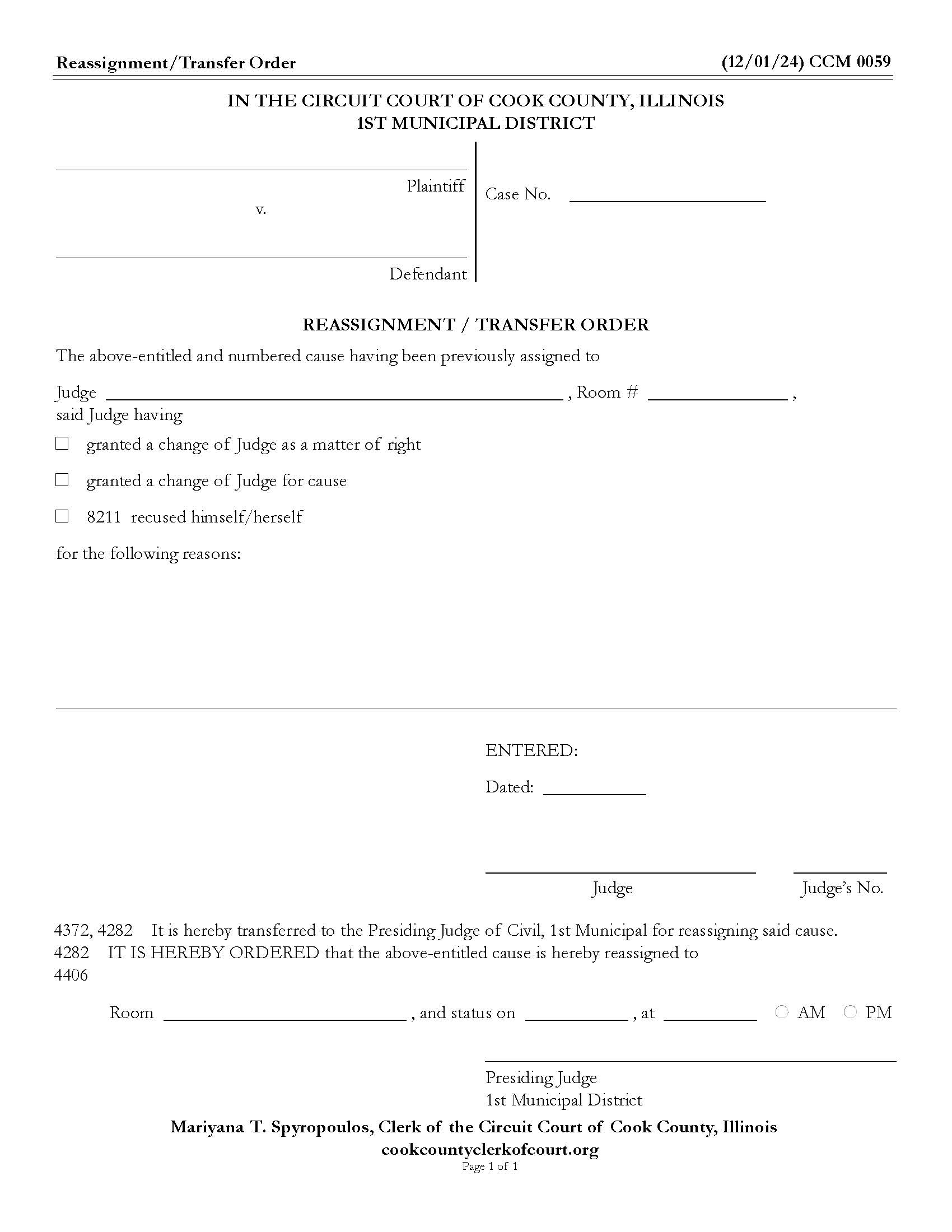 Reassignment-Transfer Order {CCM 0059} | Pdf Fpdf Docx | Illinois