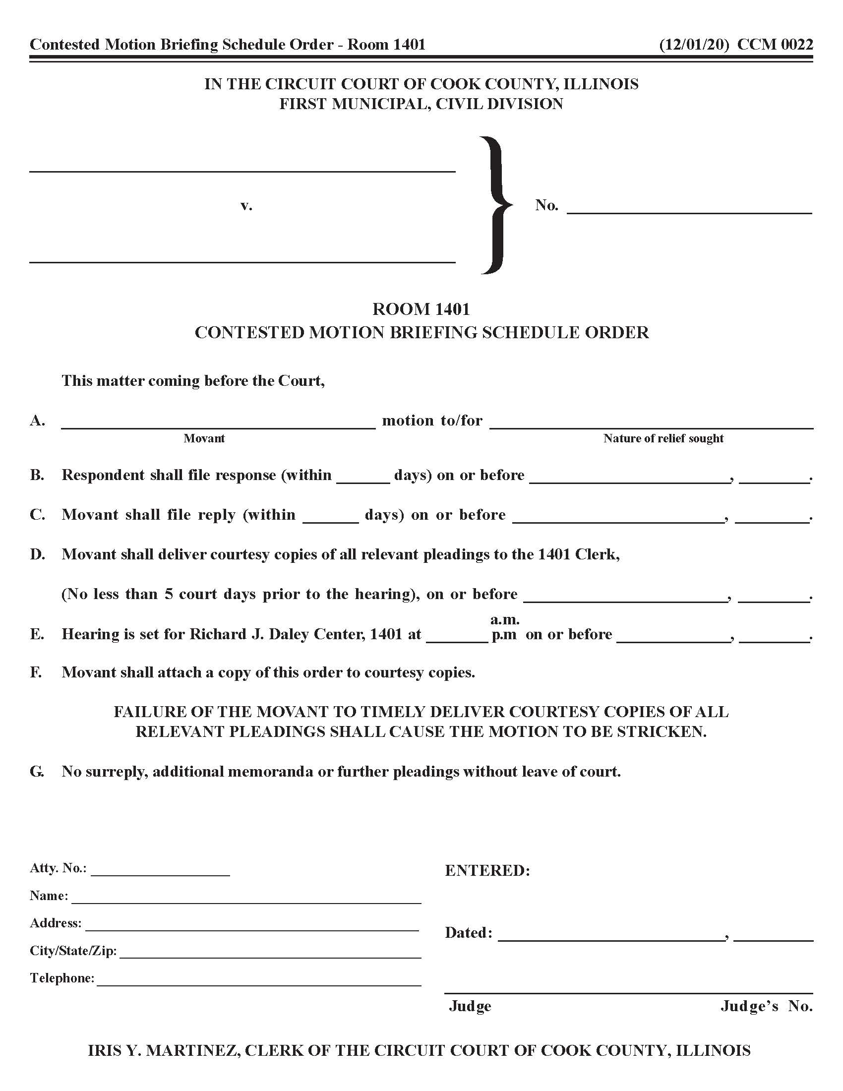 Room 1401 Contested Motion Briefing Schedule Order {CCM 0022} | Pdf Fpdf Docx | Illinois