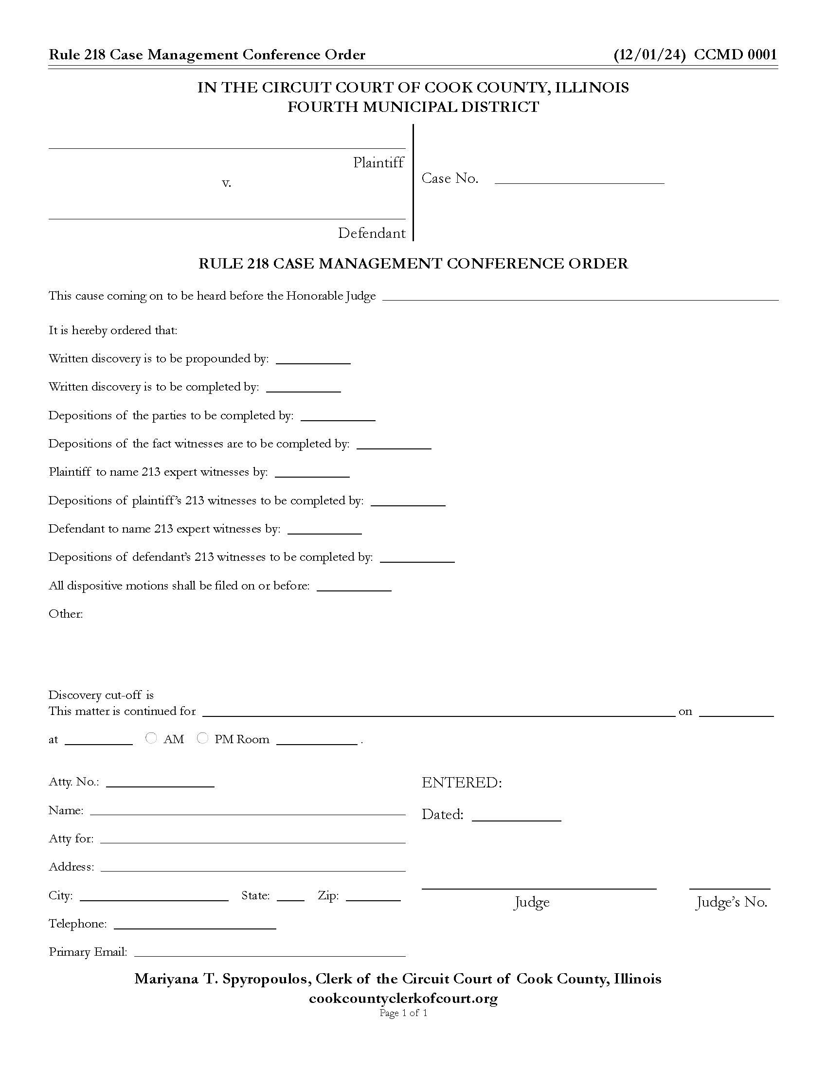 Rule 218 Case Management Conference Order {CCMD 0001} | Pdf Fpdf Docx | Illinois