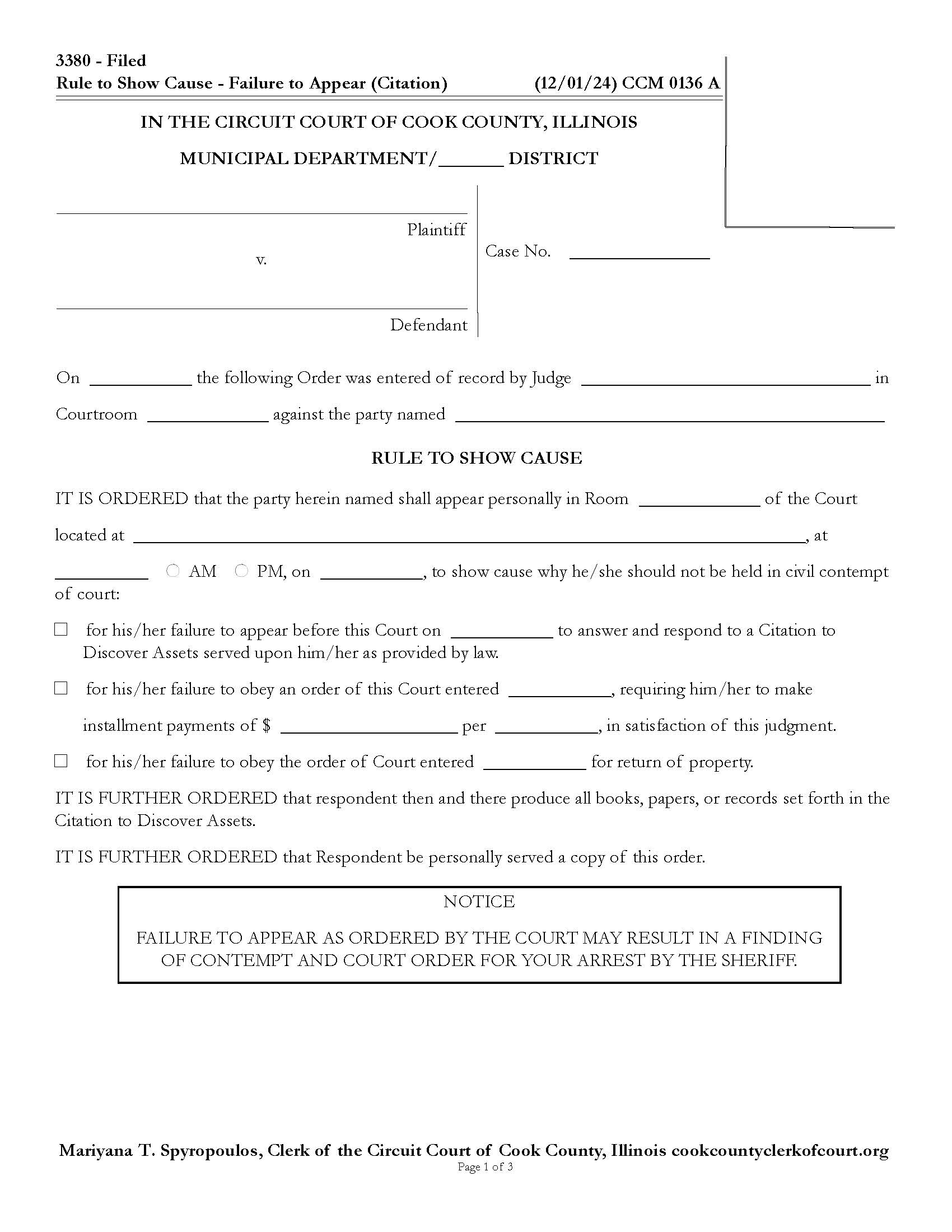 Rule To Show Cause-Failure To Appear (Citation) {CCM 0136} | Pdf Fpdf Docx | Illinois