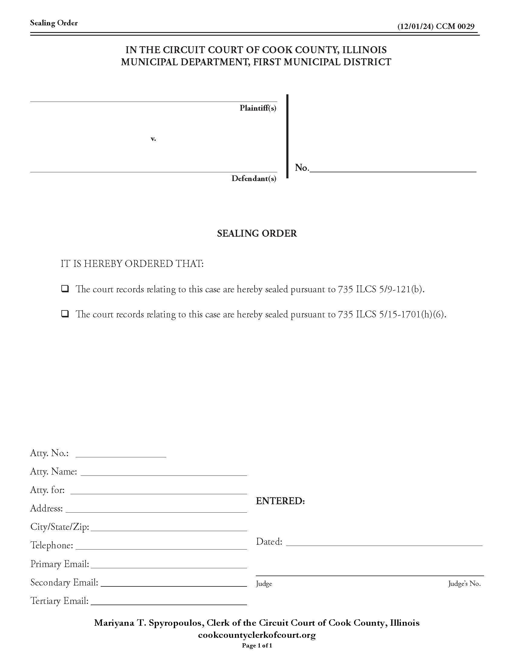 Sealing Order {CCM 0029} | Pdf Fpdf Docx | Illinois