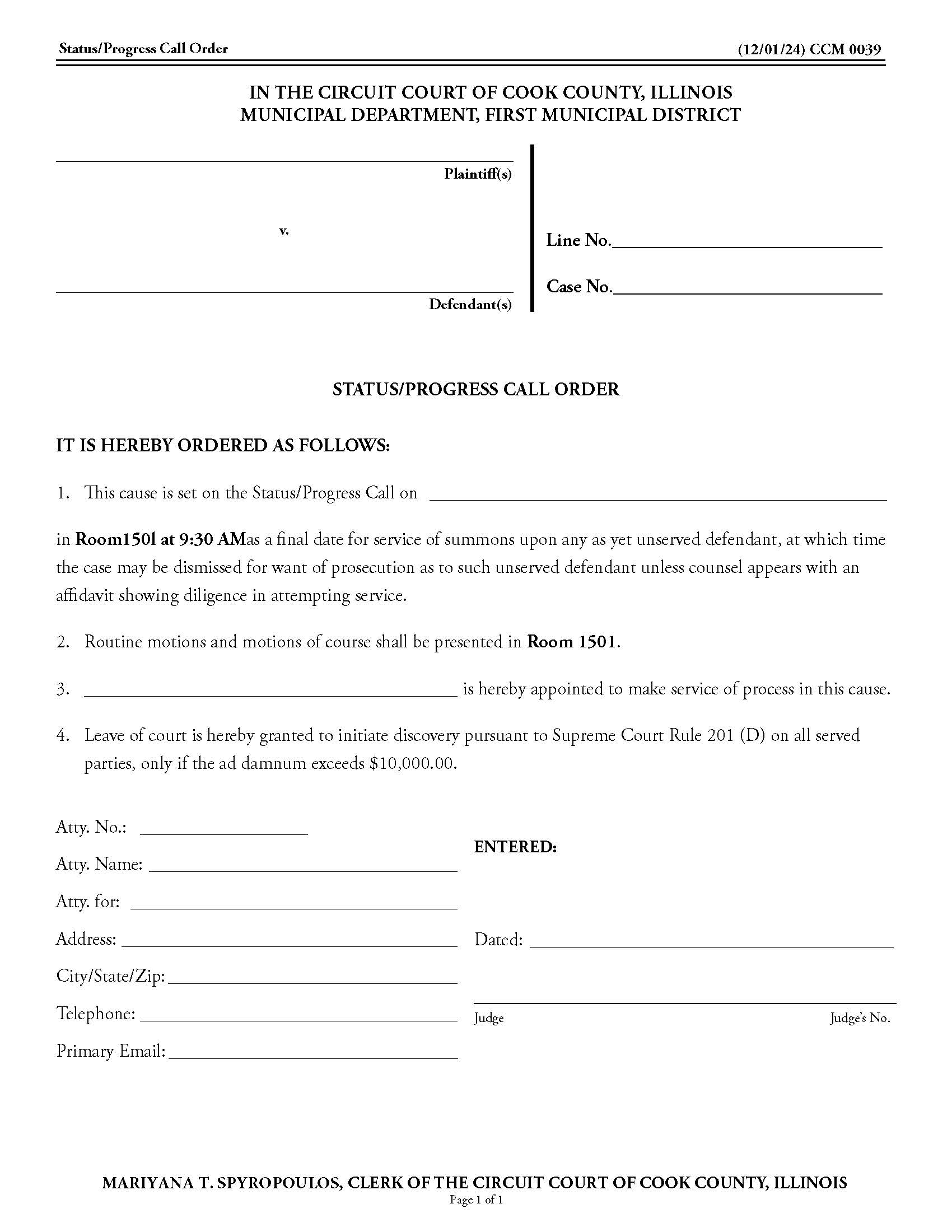 Status-Progress Call Order {CCM 0039} | Pdf Fpdf Docx | Illinois