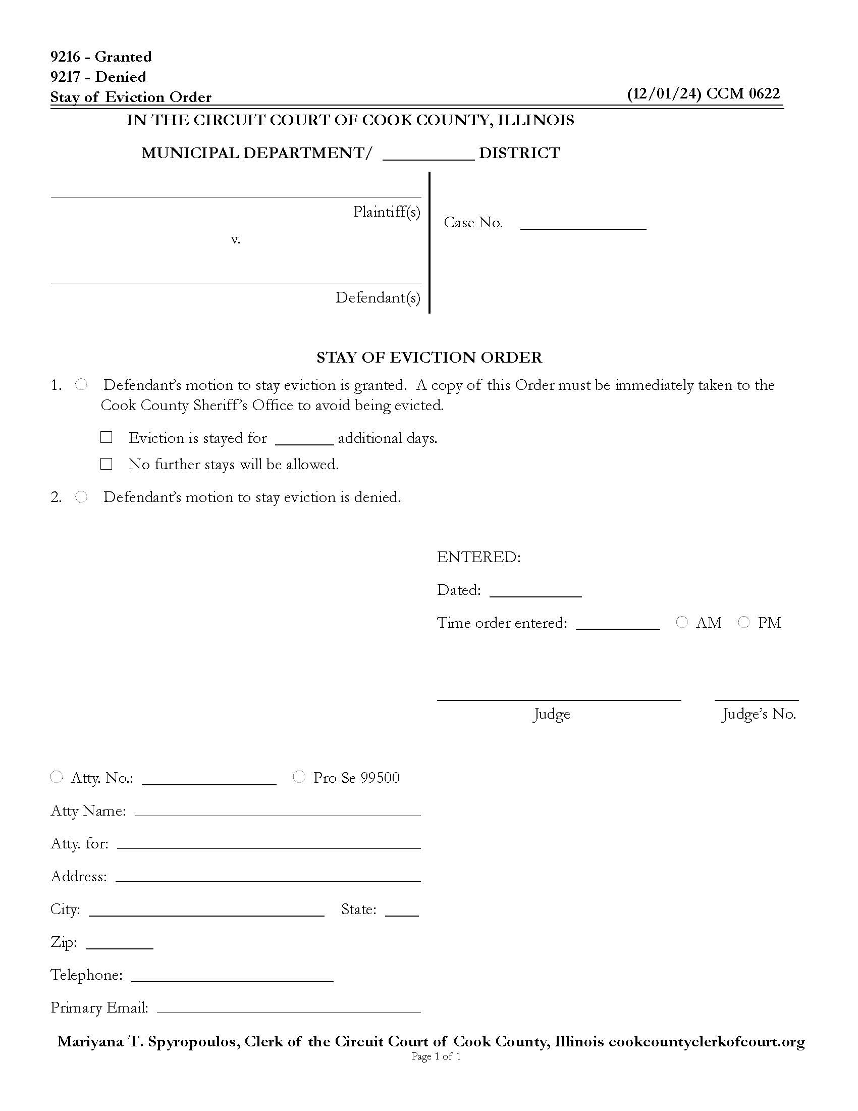 Stay Of Eviction Order {CCM 0622} | Pdf Fpdf Docx | Illinois