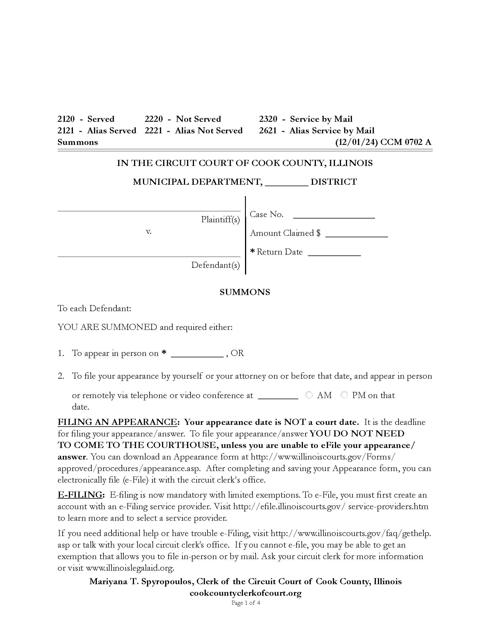Summons {CCM 0702} | Pdf Fpdf Docx | Illinois