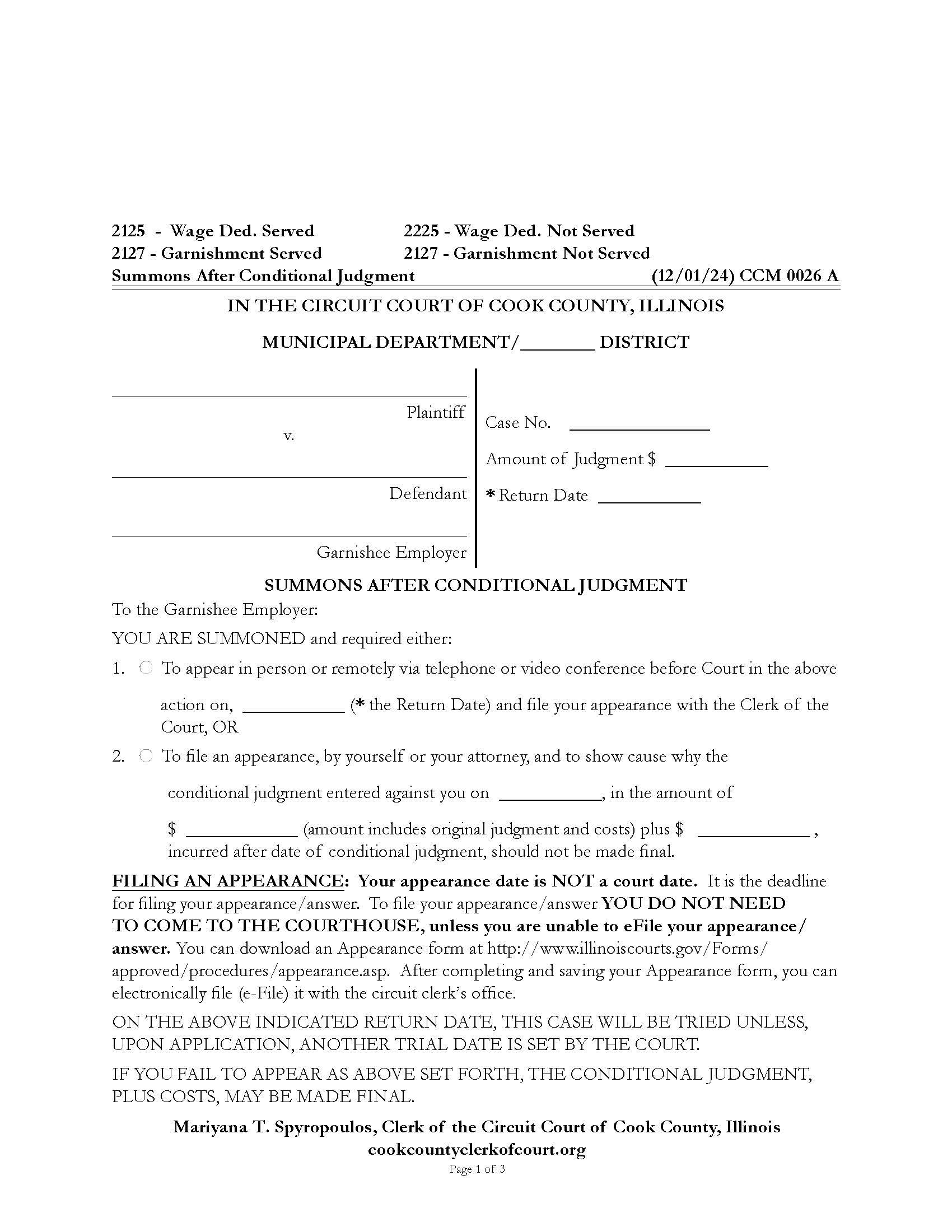 Summons After Conditional Judgment {CCM 0026} | Pdf Fpdf Docx | Illinois