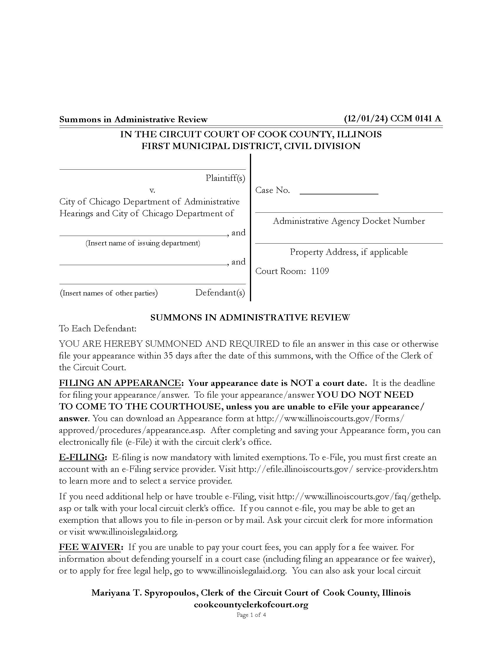 Summons In Administrative Review {CCM 0141} | Pdf Fpdf Docx | Illinois