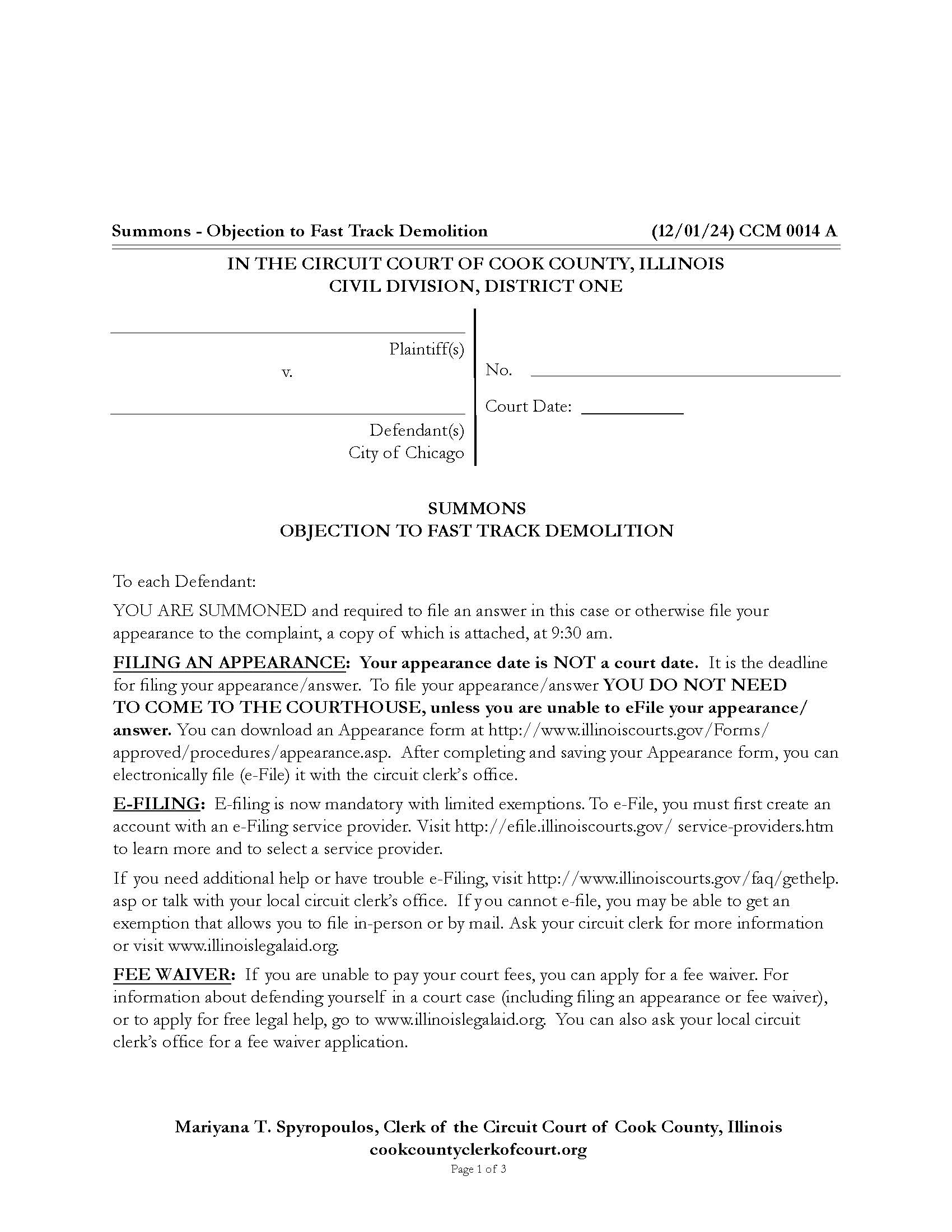 Summons Objection To Fast Track Demolition {CCM 0014} | Pdf Fpdf Docx | Illinois