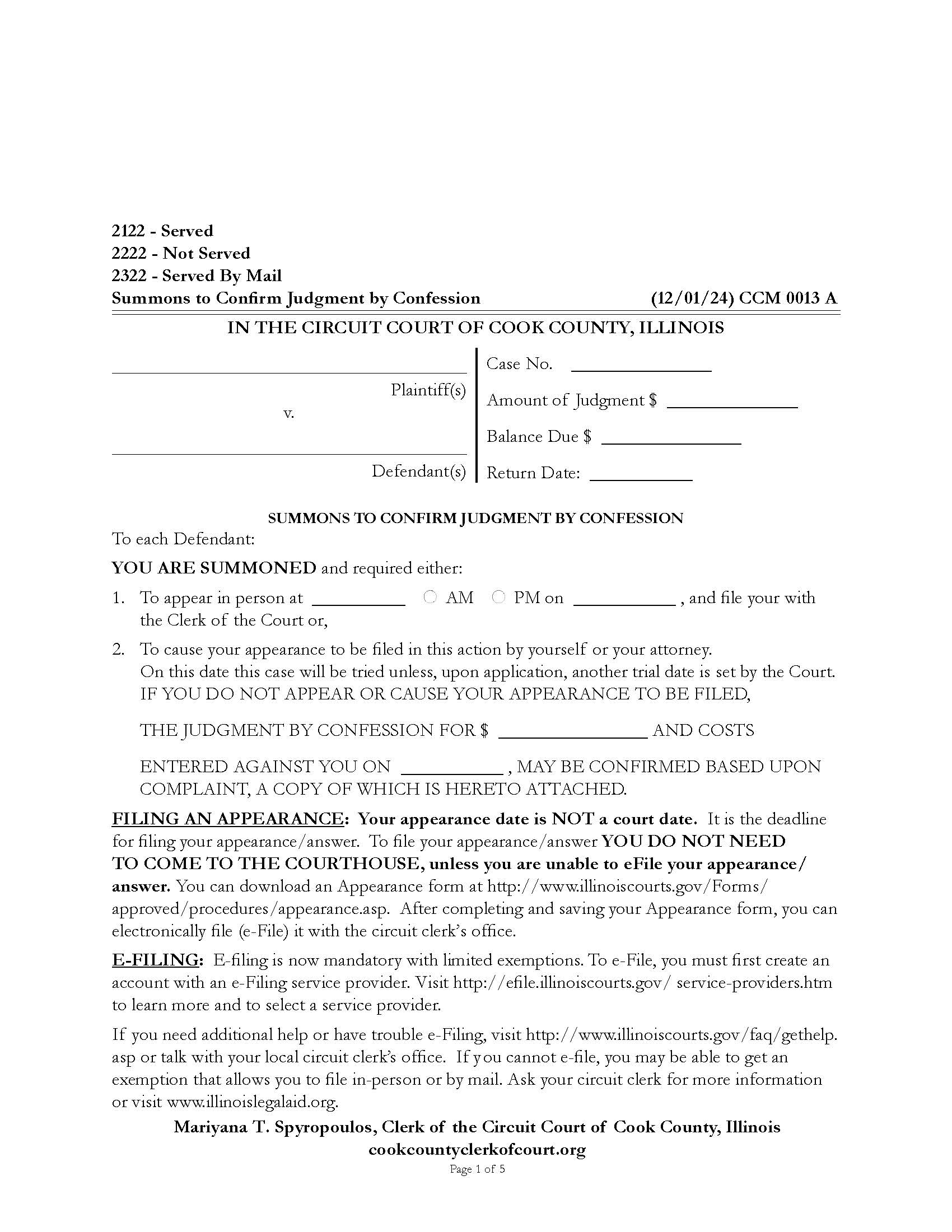 Summons To Confirm Judgment By Confession {CCM 0013} | Pdf Fpdf Docx | Illinois