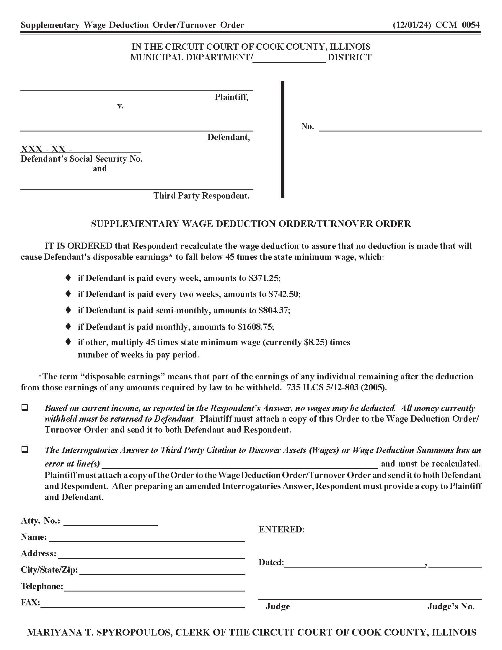 Supplementary Wage Deduction Order - Turnover Order {CCM 0054} | Pdf Fpdf Docx | Illinois