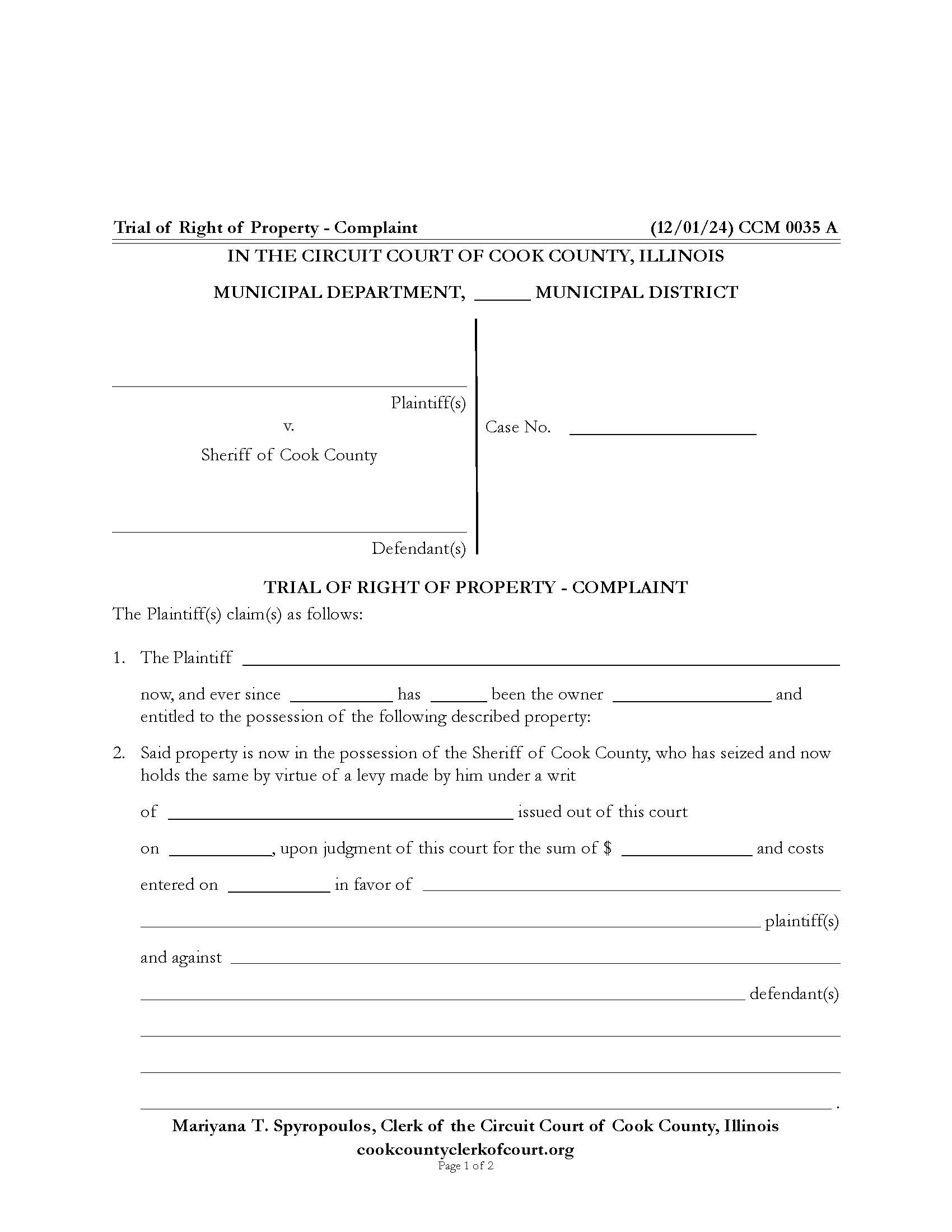 Trial Of Right Of Property Complaint {CCM 0035} | Pdf Fpdf Docx | Illinois