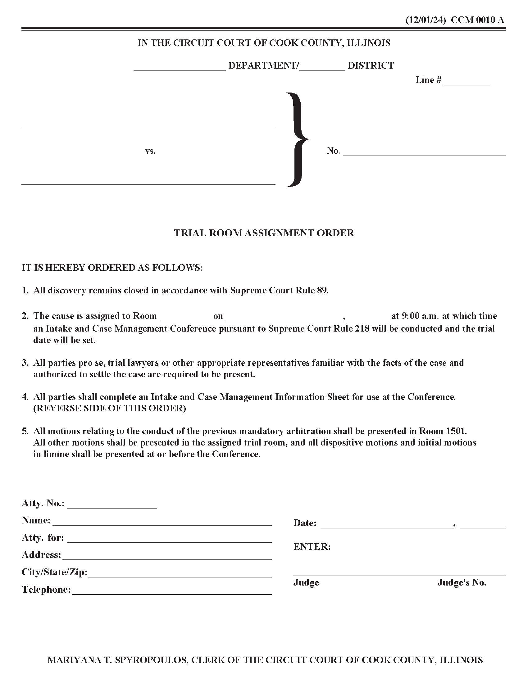 Trial Room Assignment Order {CCM 0010} | Pdf Fpdf Docx | Illinois