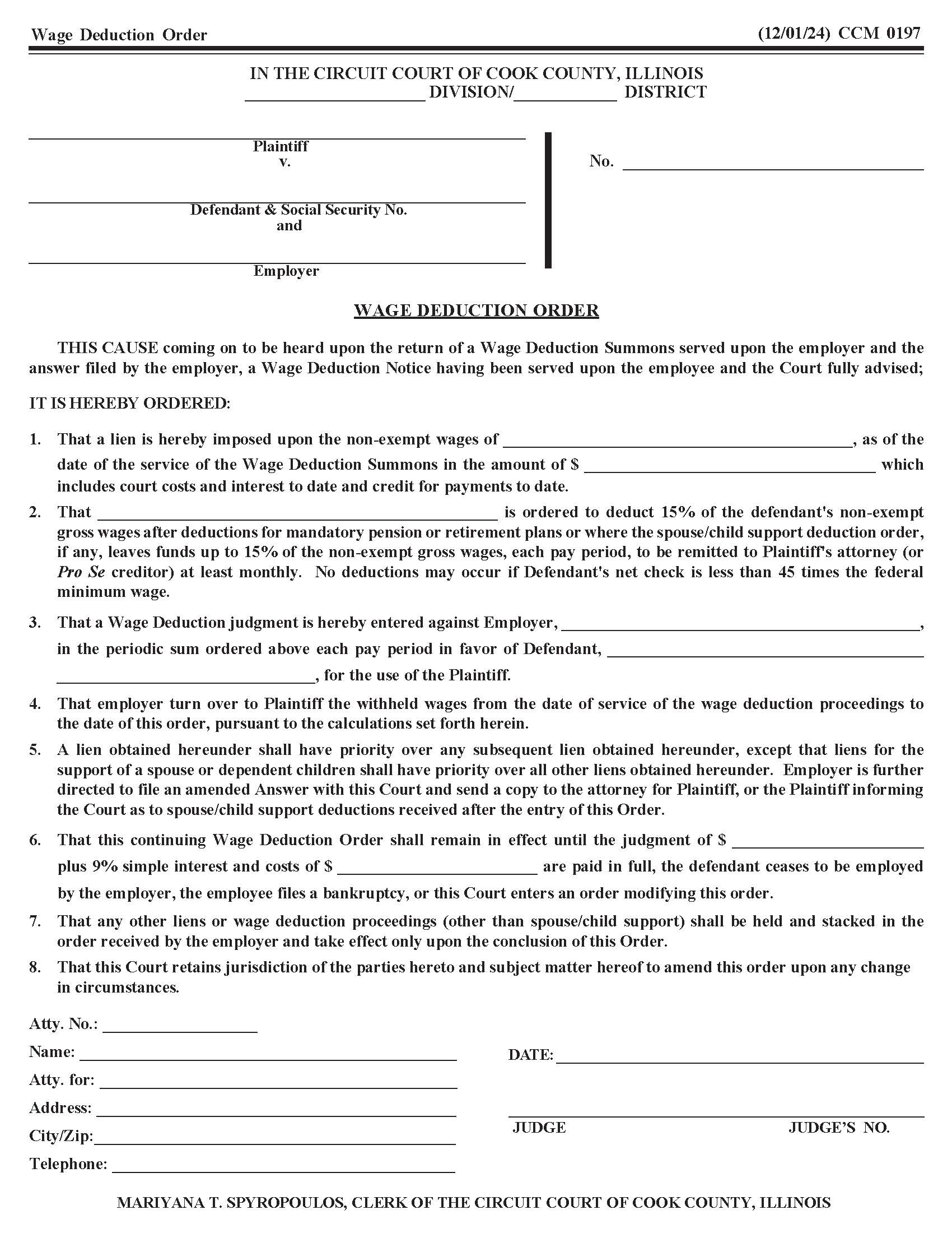 Wage Deduction Order {CCM 0197} | Pdf Fpdf Docx | Illinois