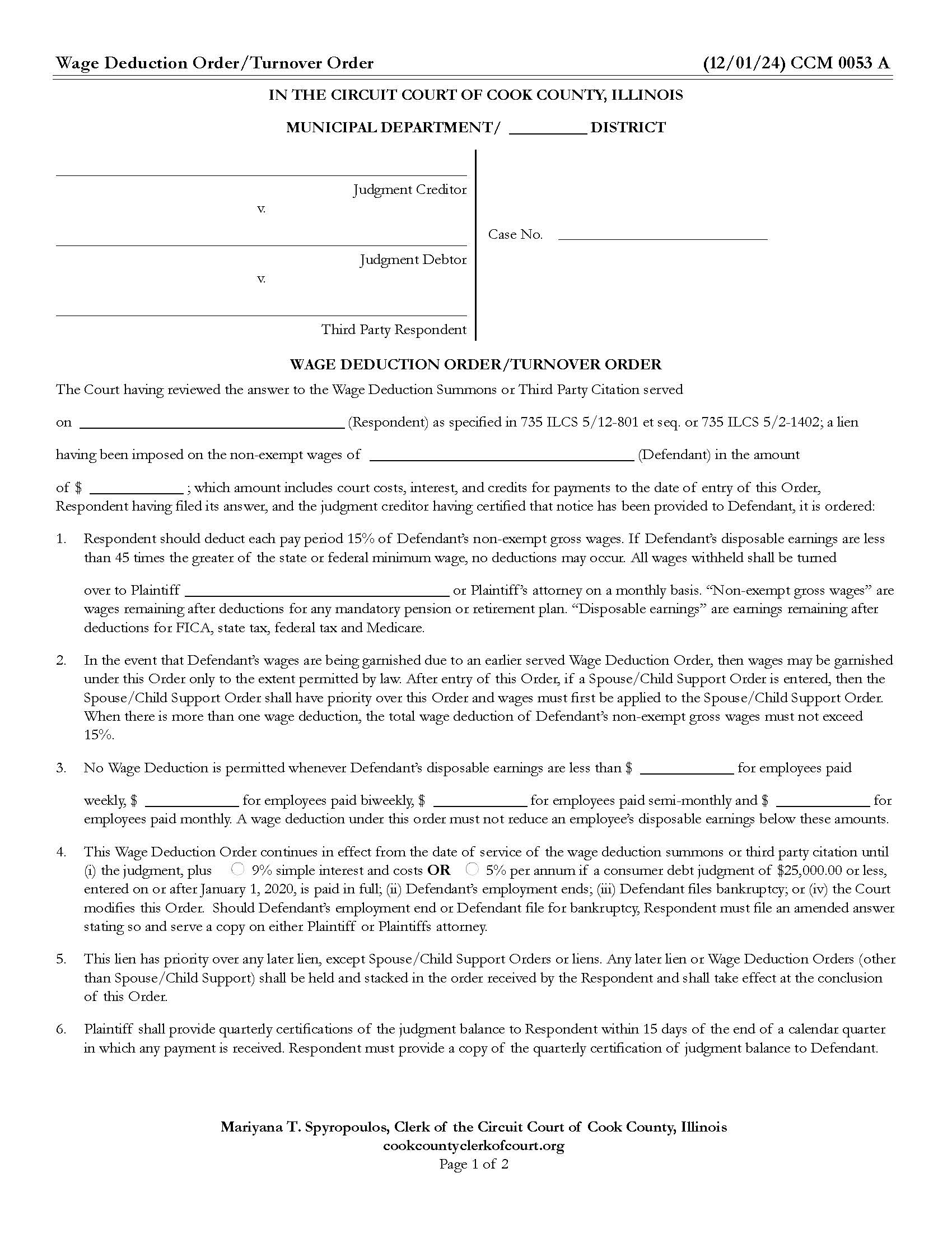 Wage Deduction Order-Turnover Order {CCM 0053} | Pdf Fpdf Doc Docx | Illinois