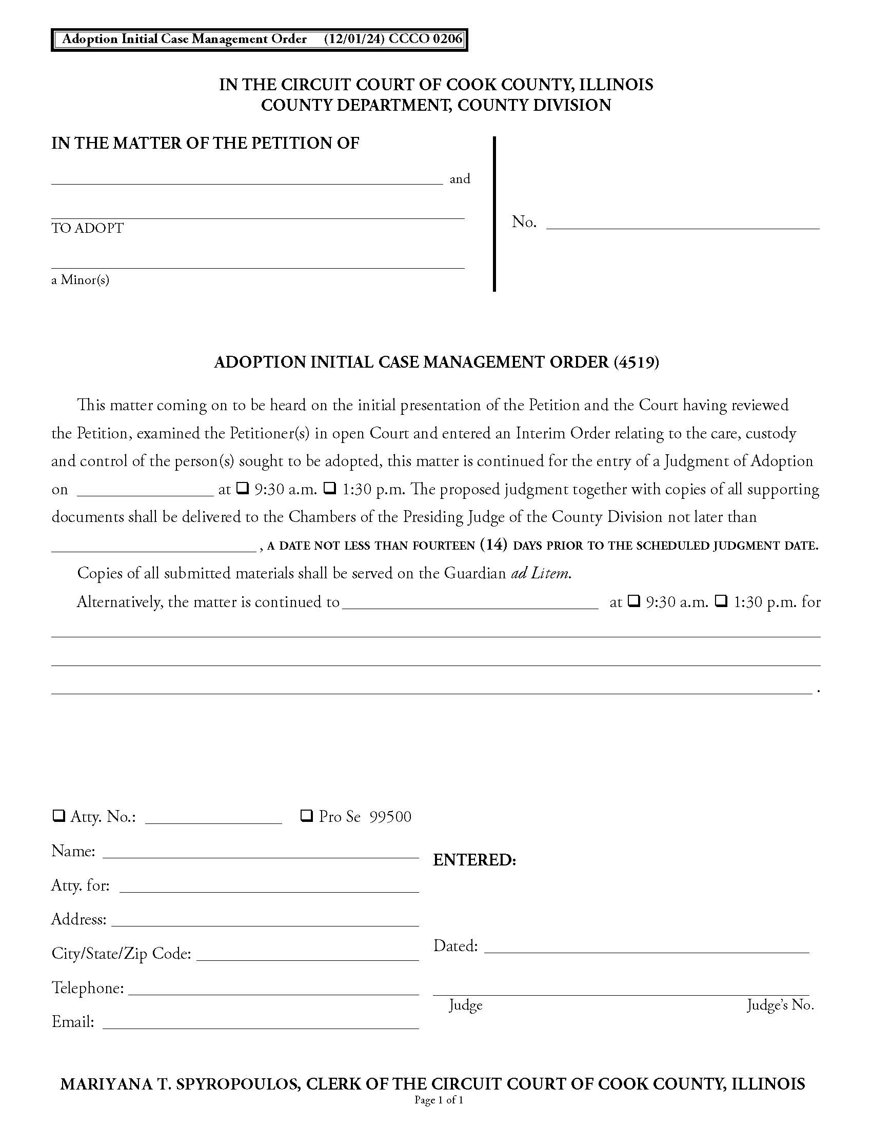 Adoption Initial Case Management Order {CCCO 0206} | Pdf Fpdf Docx | Illinois