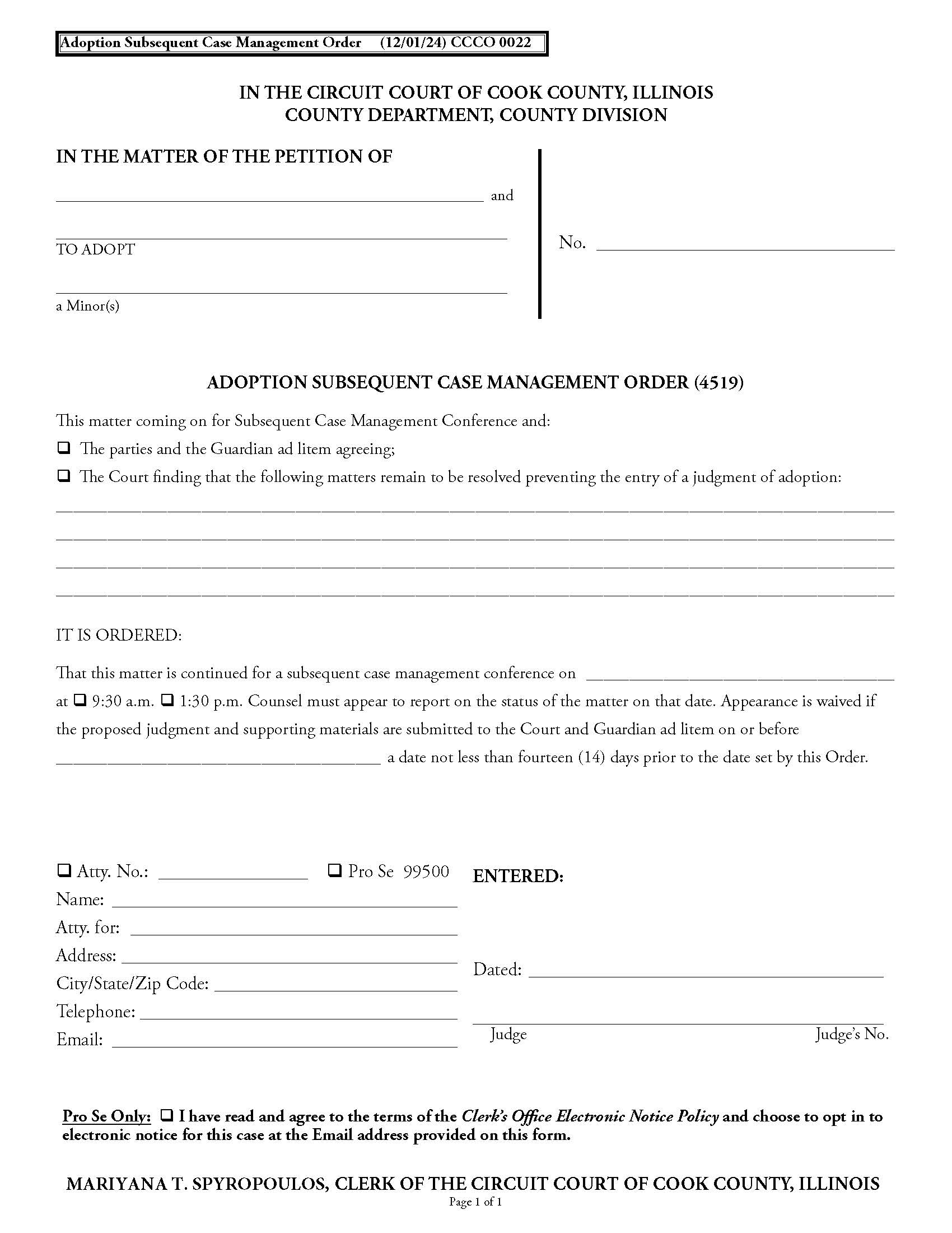 Adoption Subsequent Case Management Order {CCCO 0022} | Pdf Fpdf Docx | Illinois