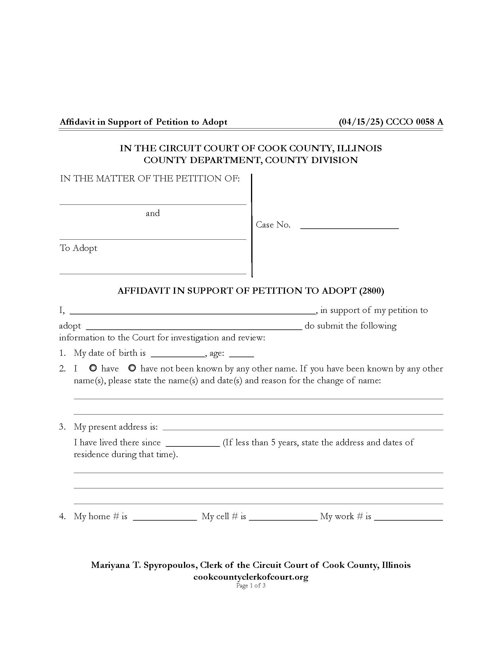 Affidavit In Support Of Petition To Adopt {CCCO 0058} | Pdf Fpdf Doc Docx | Illinois