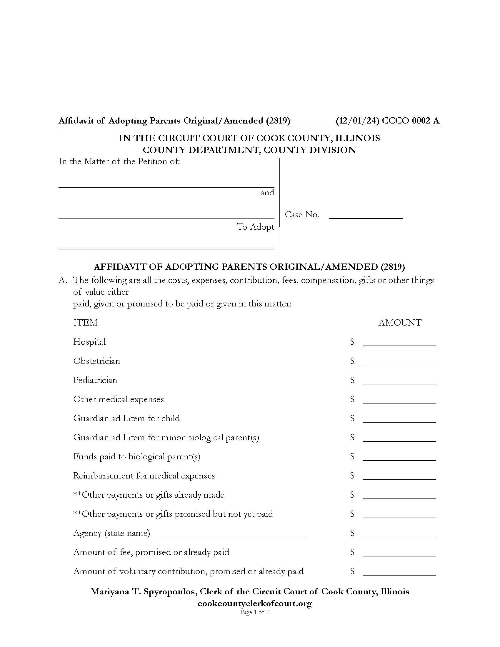 Affidavit Of Adopting Parents Original-Amended {CCCO 0002} | Pdf Fpdf Docx | Illinois