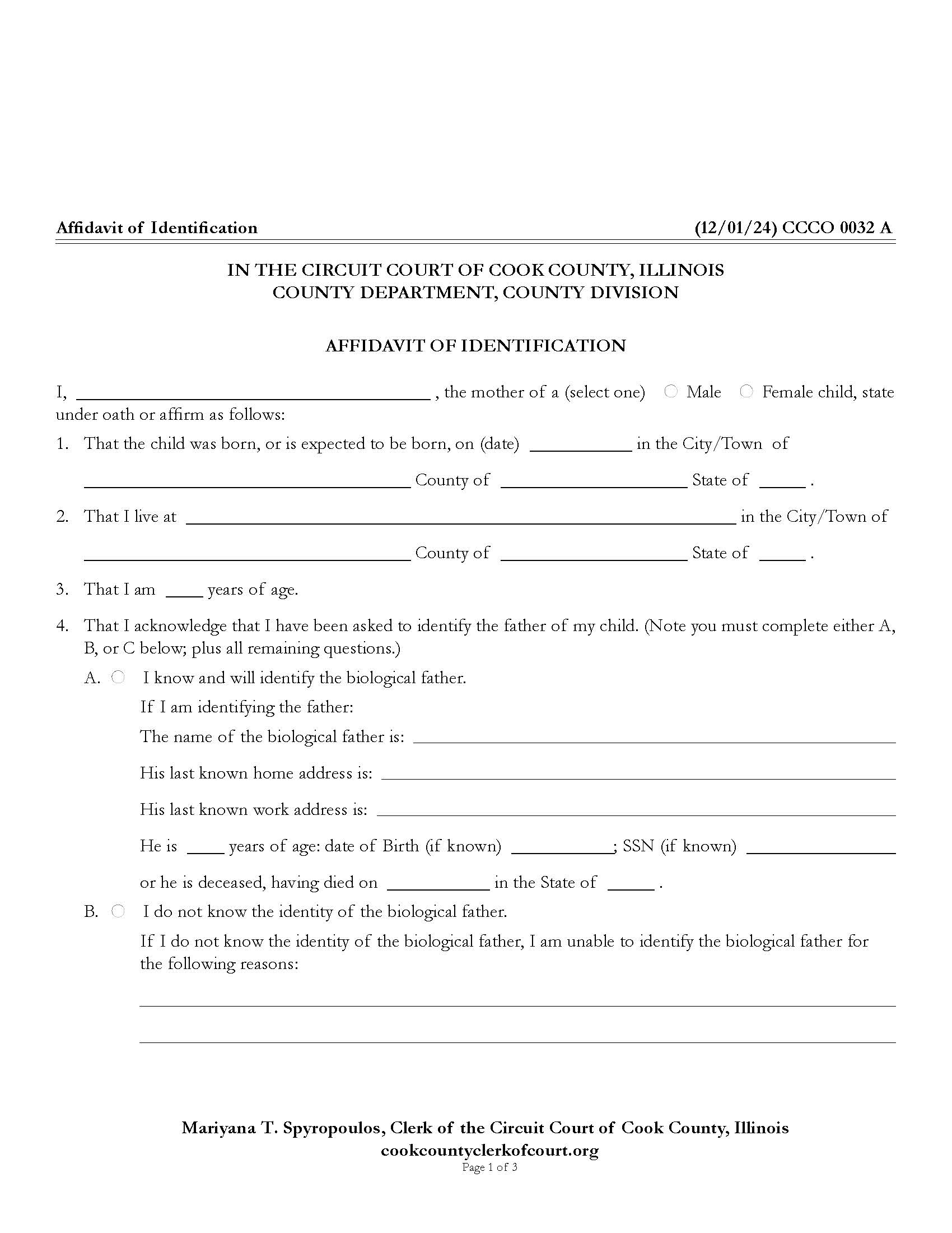 Affidavit Of Identification {CCCO 0032} | Pdf Fpdf Docx | Illinois