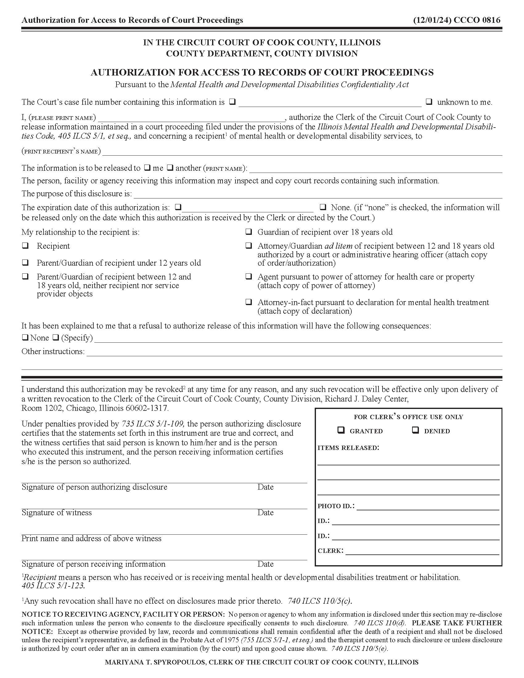 Authorization For Access To Records Of Court Proceedings {CCCO 0816} | Pdf Fpdf Doc Docx | Illinois