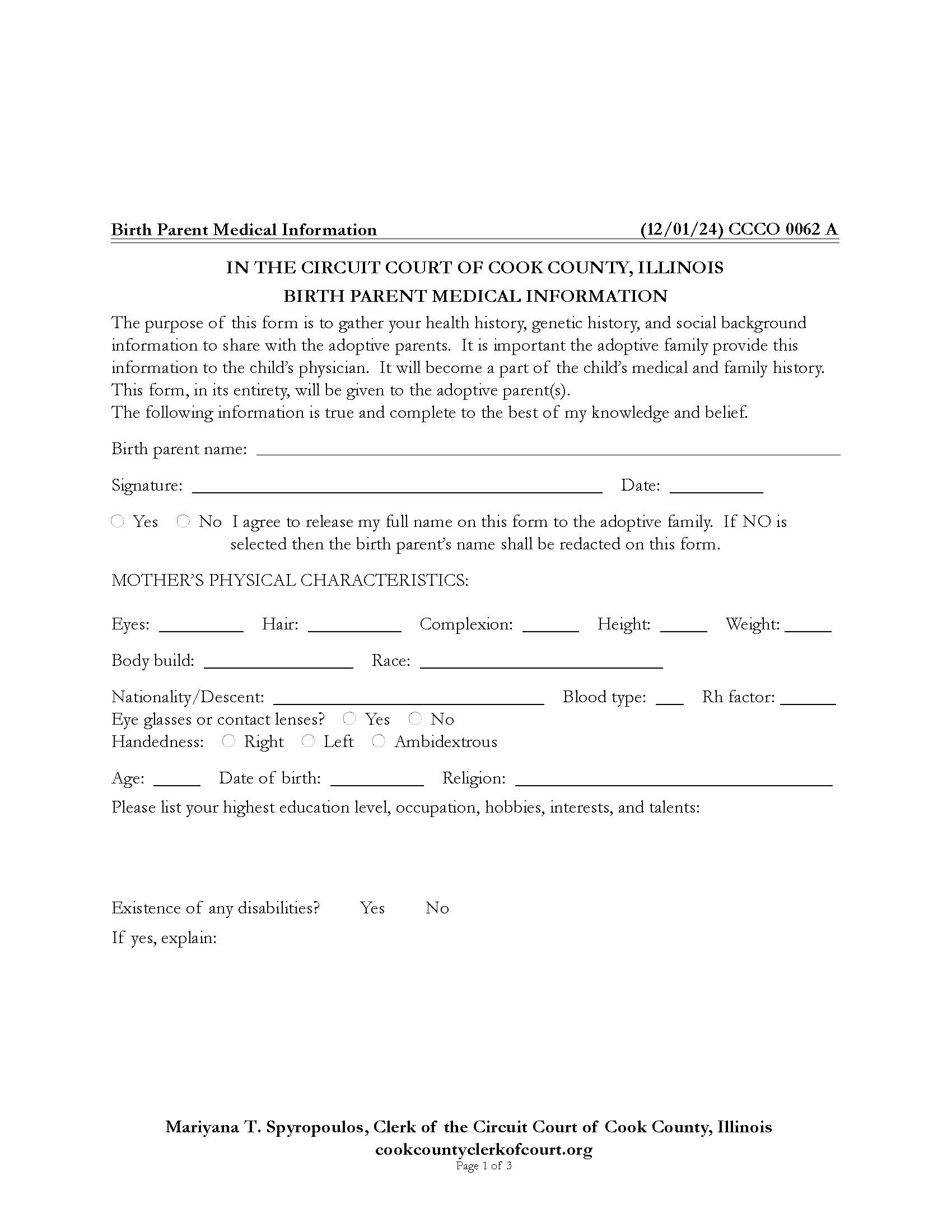 Birth Parent Medical Information {CCCO 0062} | Pdf Fpdf Docx | Illinois