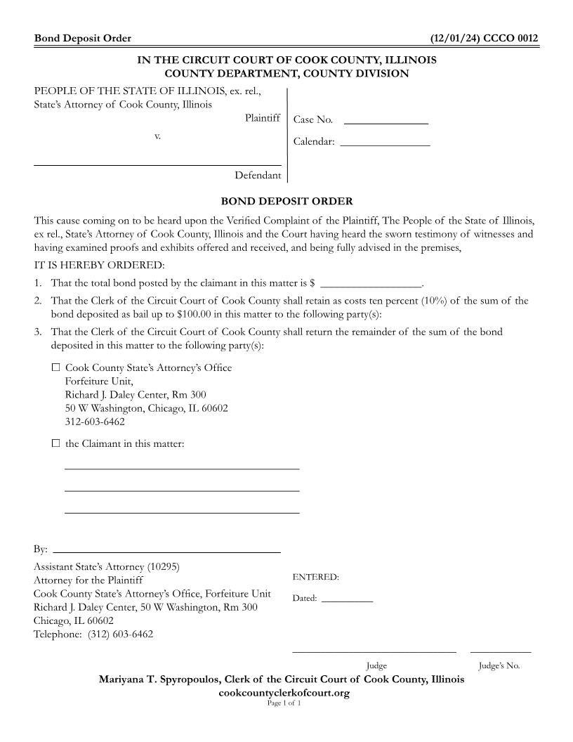 Bond Deposit Order {CCCO 0012} | Pdf Fpdf Docx | Illinois
