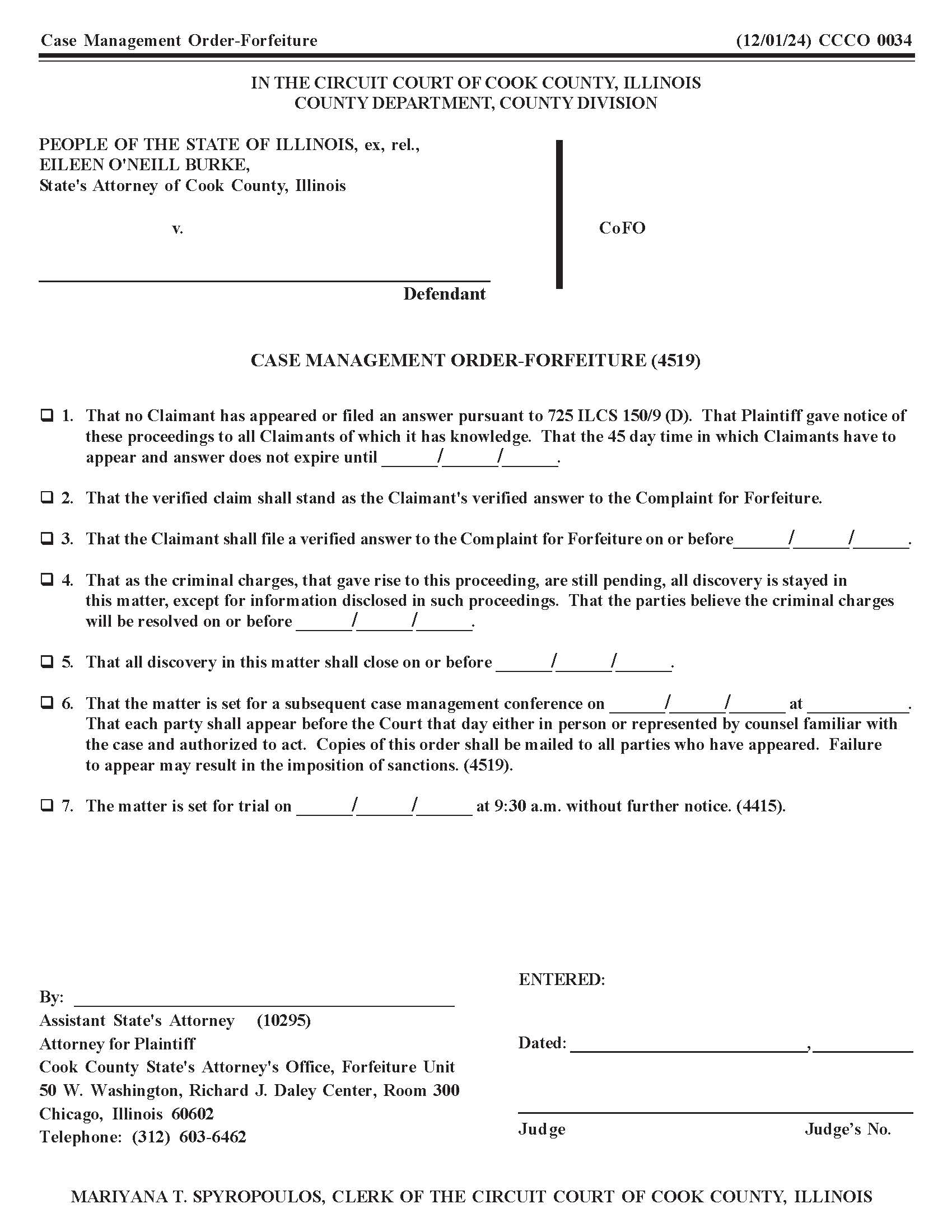 Case Management Order-Forfeiture {CCCO 0034} | Pdf Fpdf Docx | Illinois