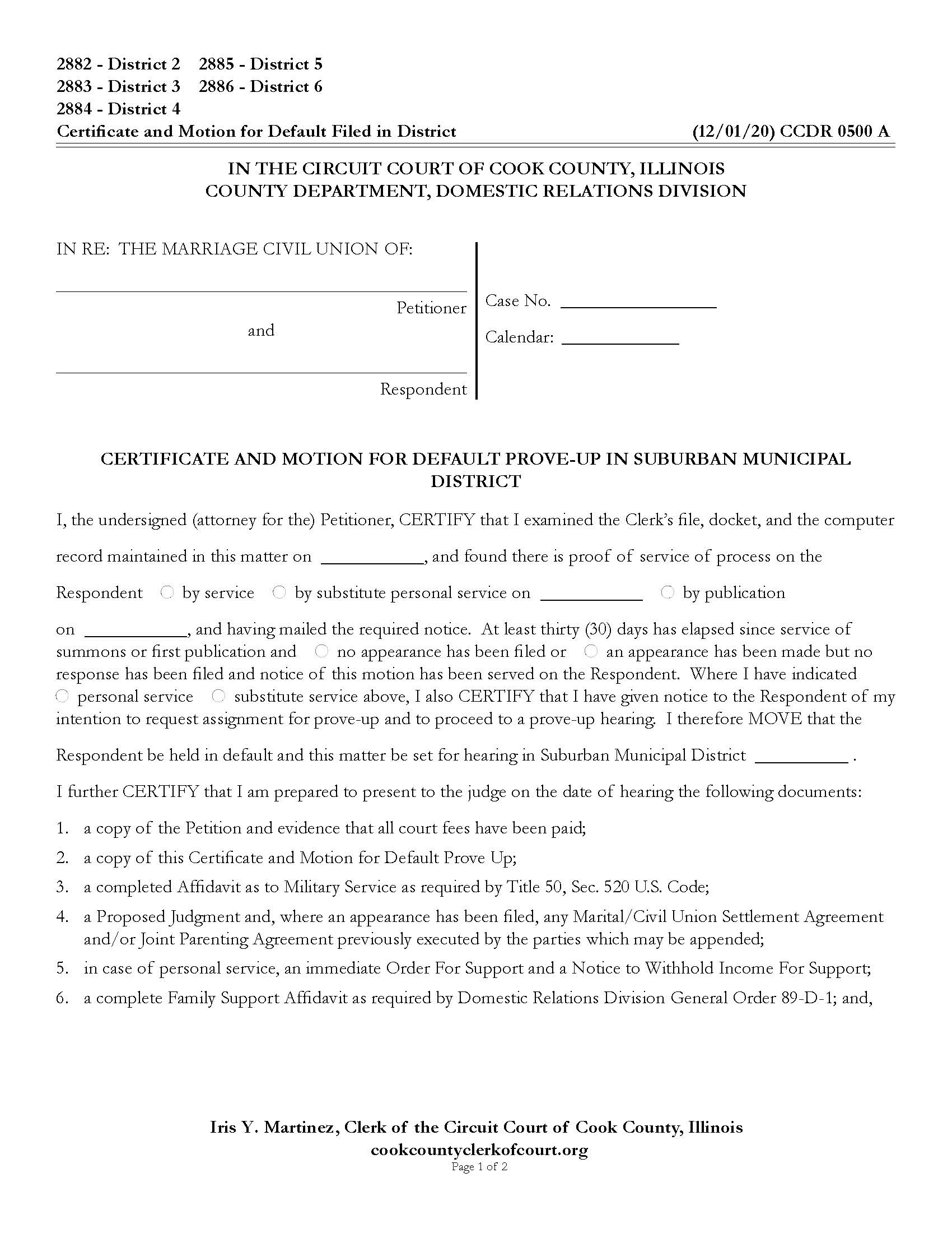 Certificate And Motion For Default Prove-Up Suburban Municipal District {CCDR 0500} | Pdf Fpdf Docx | Illinois