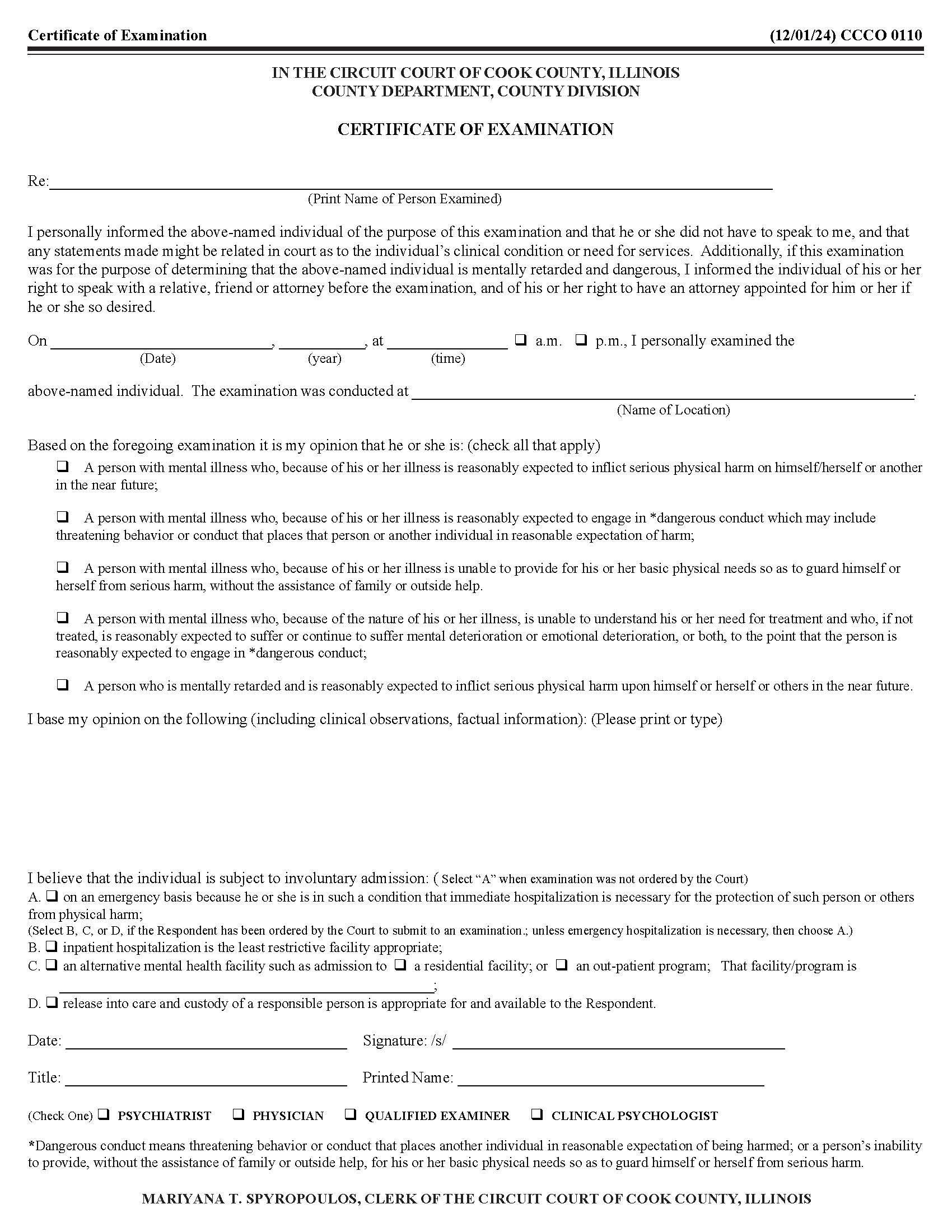 Certificate Of Examination {CCCO 0110} | Pdf Fpdf Docx | Illinois