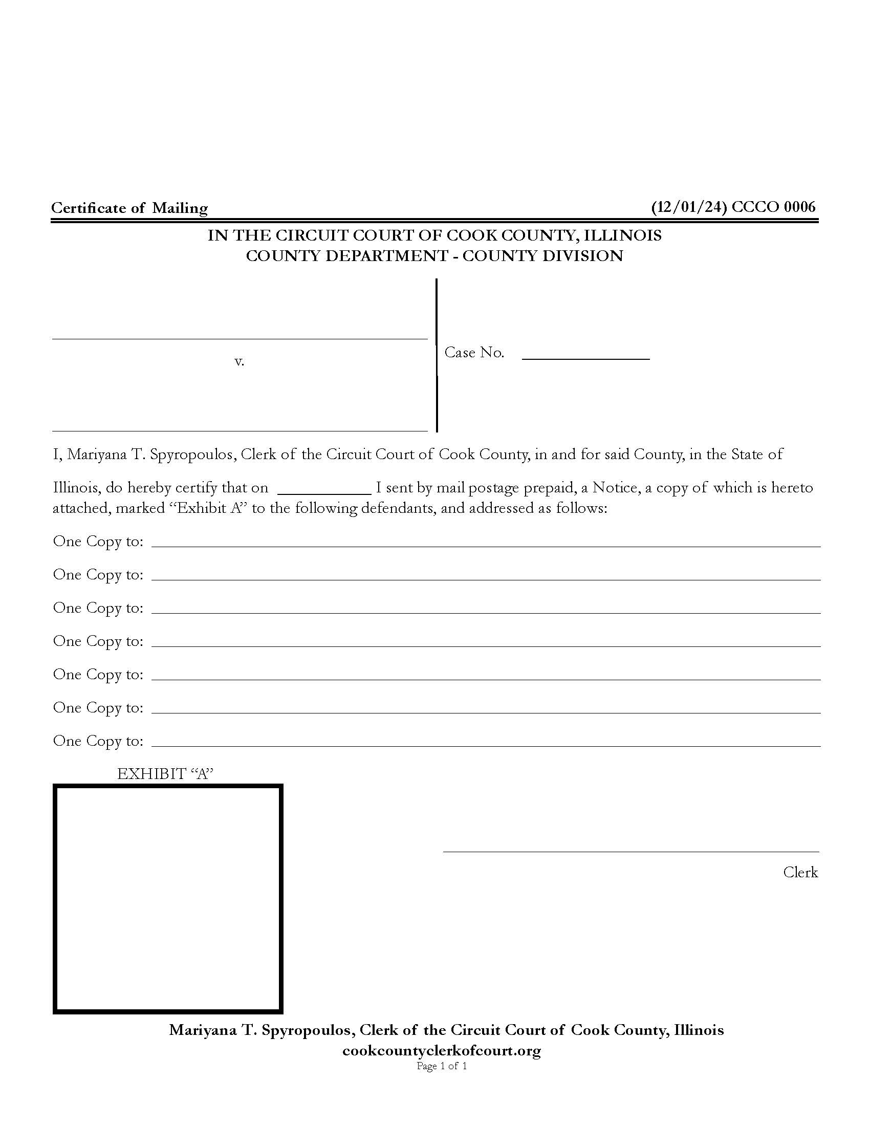 Certificate Of Mailing {CCCO 0006} | Pdf Fpdf Docx | Illinois